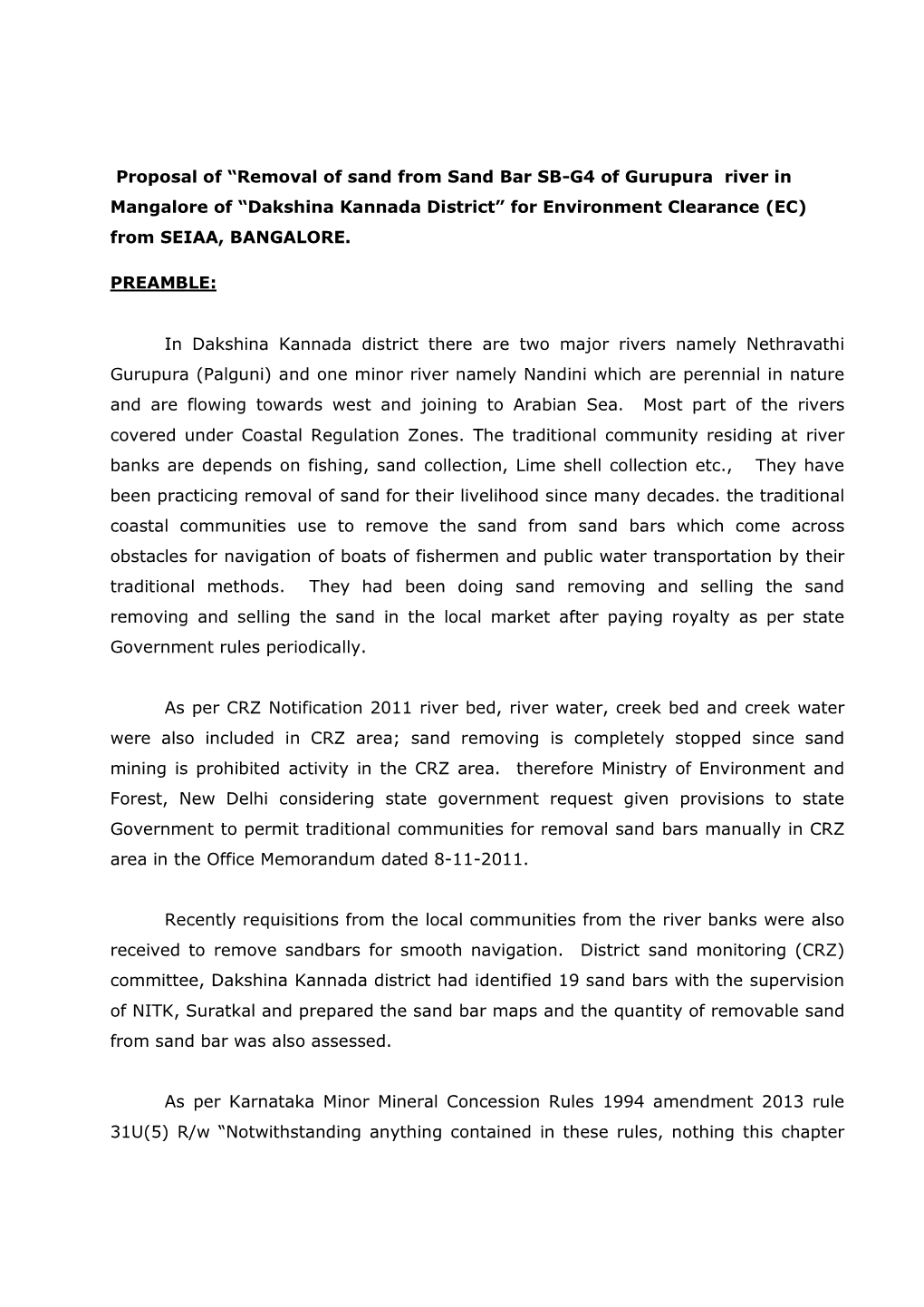 Proposal of “Removal of Sand from Sand Bar SB-G4 of Gurupura River in Mangalore of “Dakshina Kannada District” for Environment Clearance (EC) from SEIAA, BANGALORE