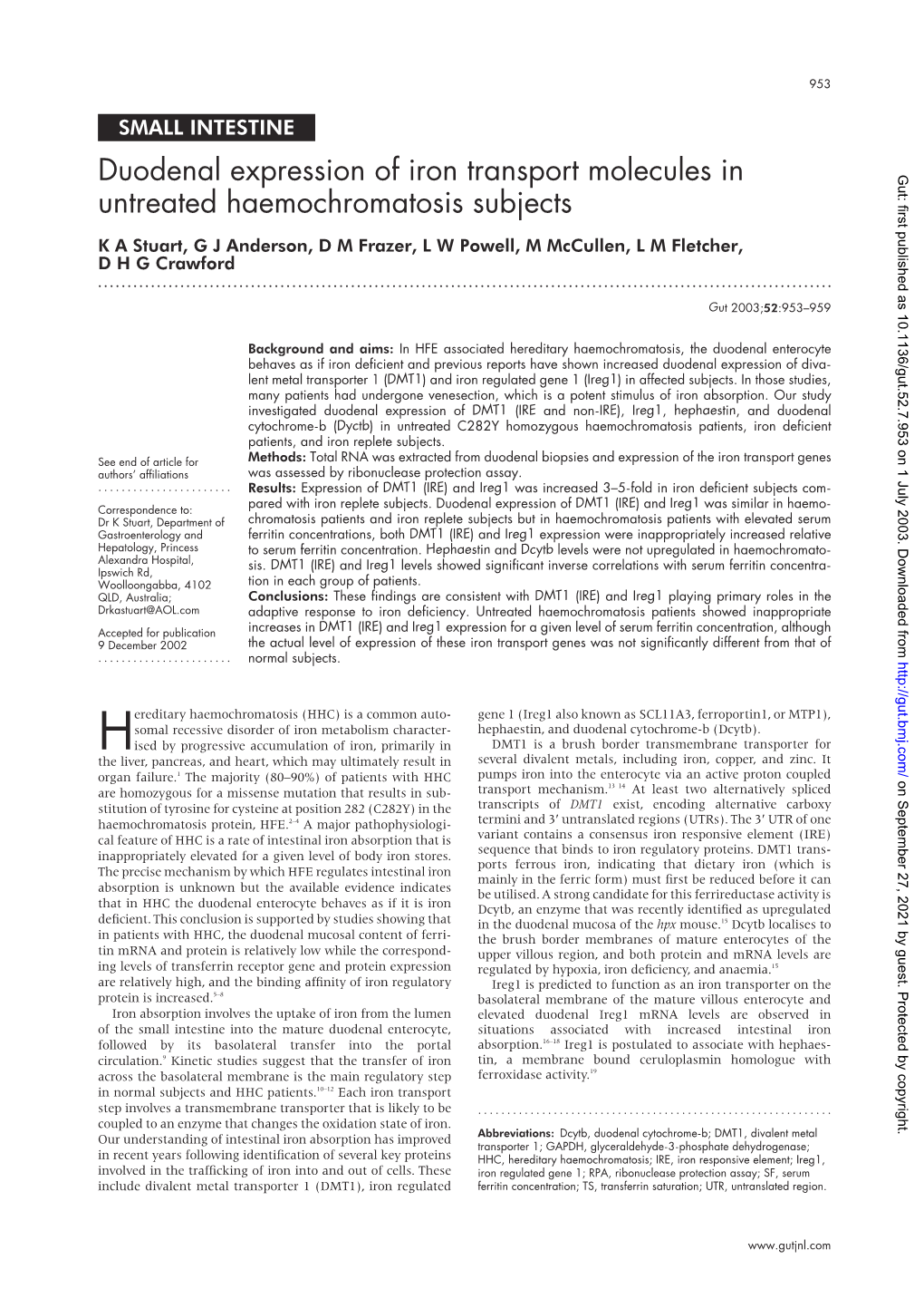 Duodenal Expression of Iron Transport Molecules in Untreated