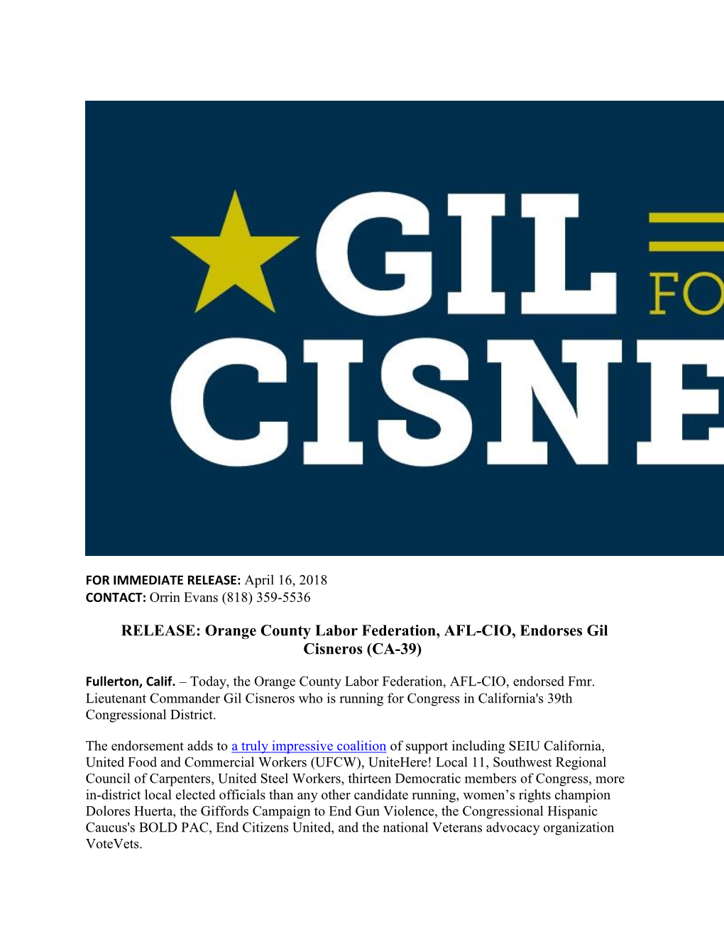 RELEASE: Orange County Labor Federation, AFL-CIO, Endorses Gil Cisneros (CA-39)