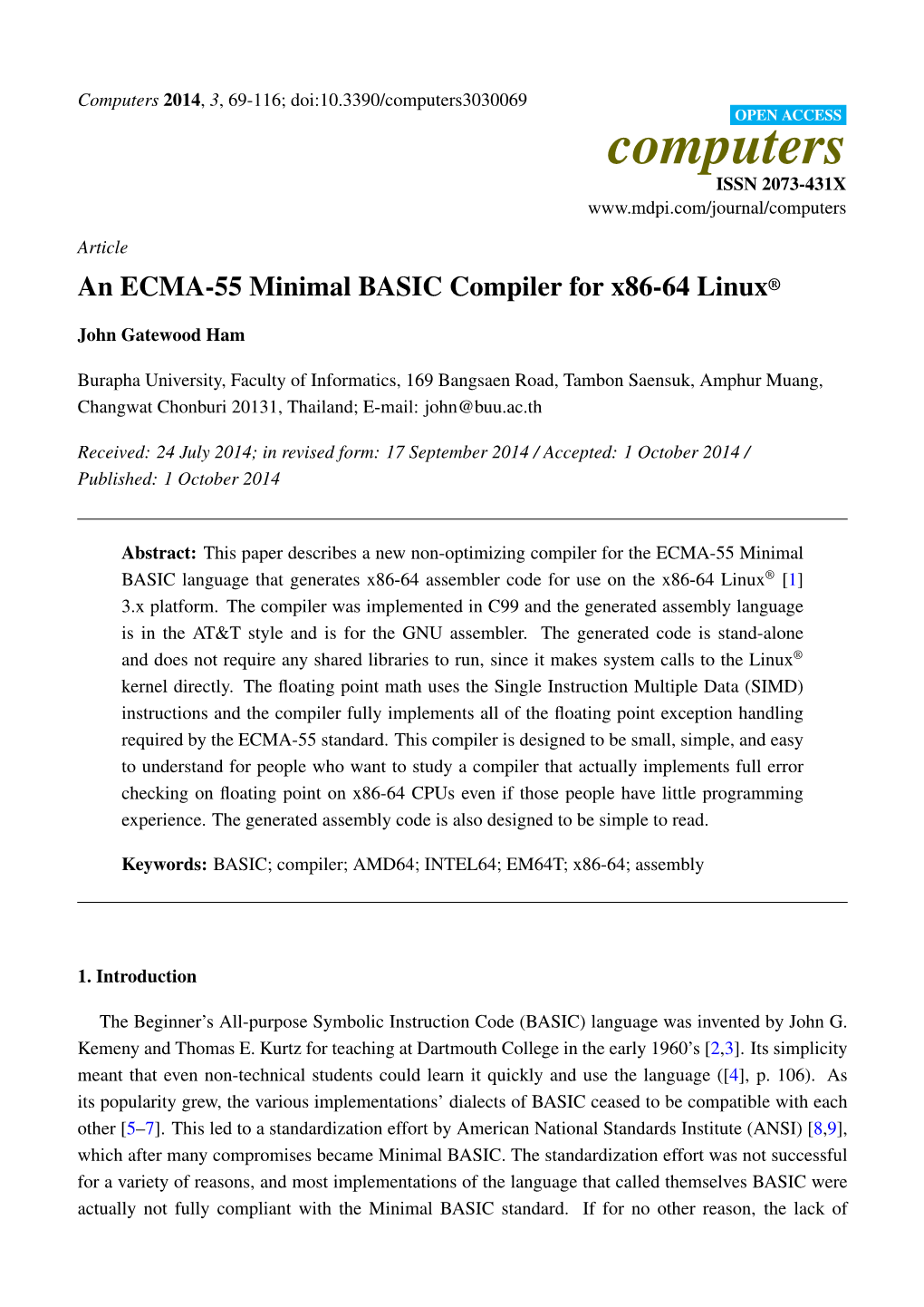 An ECMA-55 Minimal BASIC Compiler for X86-64 Linux®