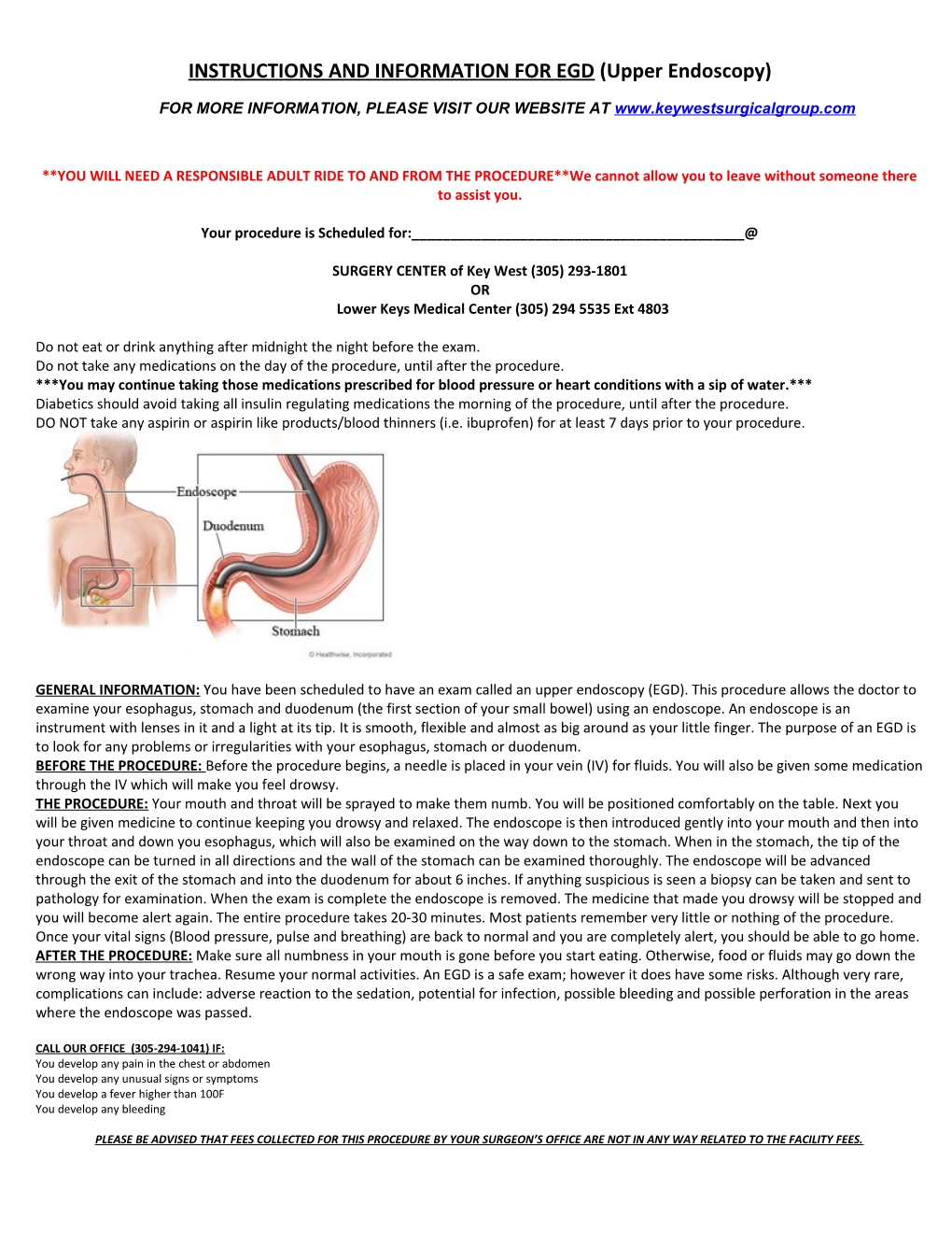 INSTRUCTIONS and INFORMATION for EGD (Upper Endoscopy)