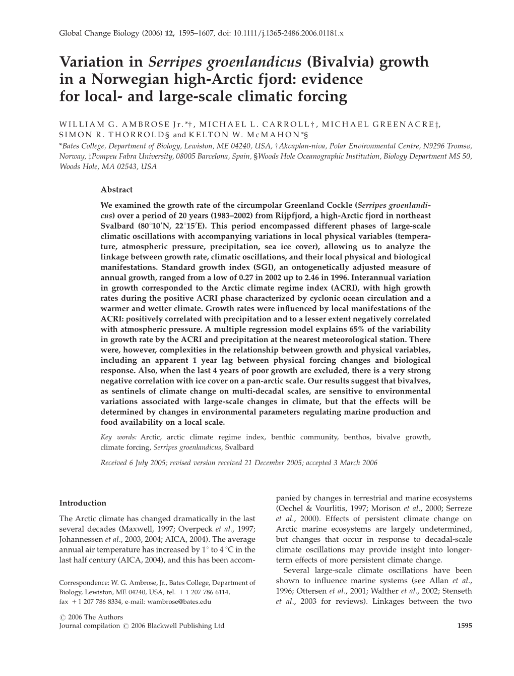 Variation in Serripes Groenlandicus (Bivalvia) Growth in a Norwegian High-Arctic Fjord: Evidence for Local- and Large-Scale Climatic Forcing