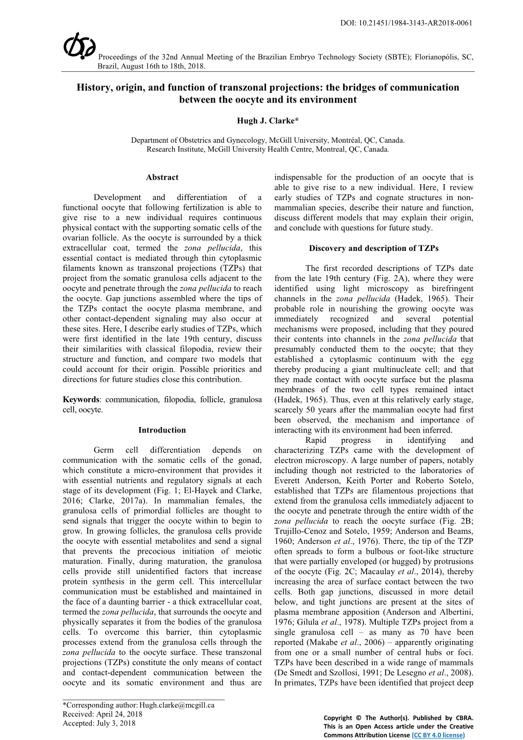 History, Origin, and Function of Transzonal Projections: the Bridges of Communication Between the Oocyte and Its Environment