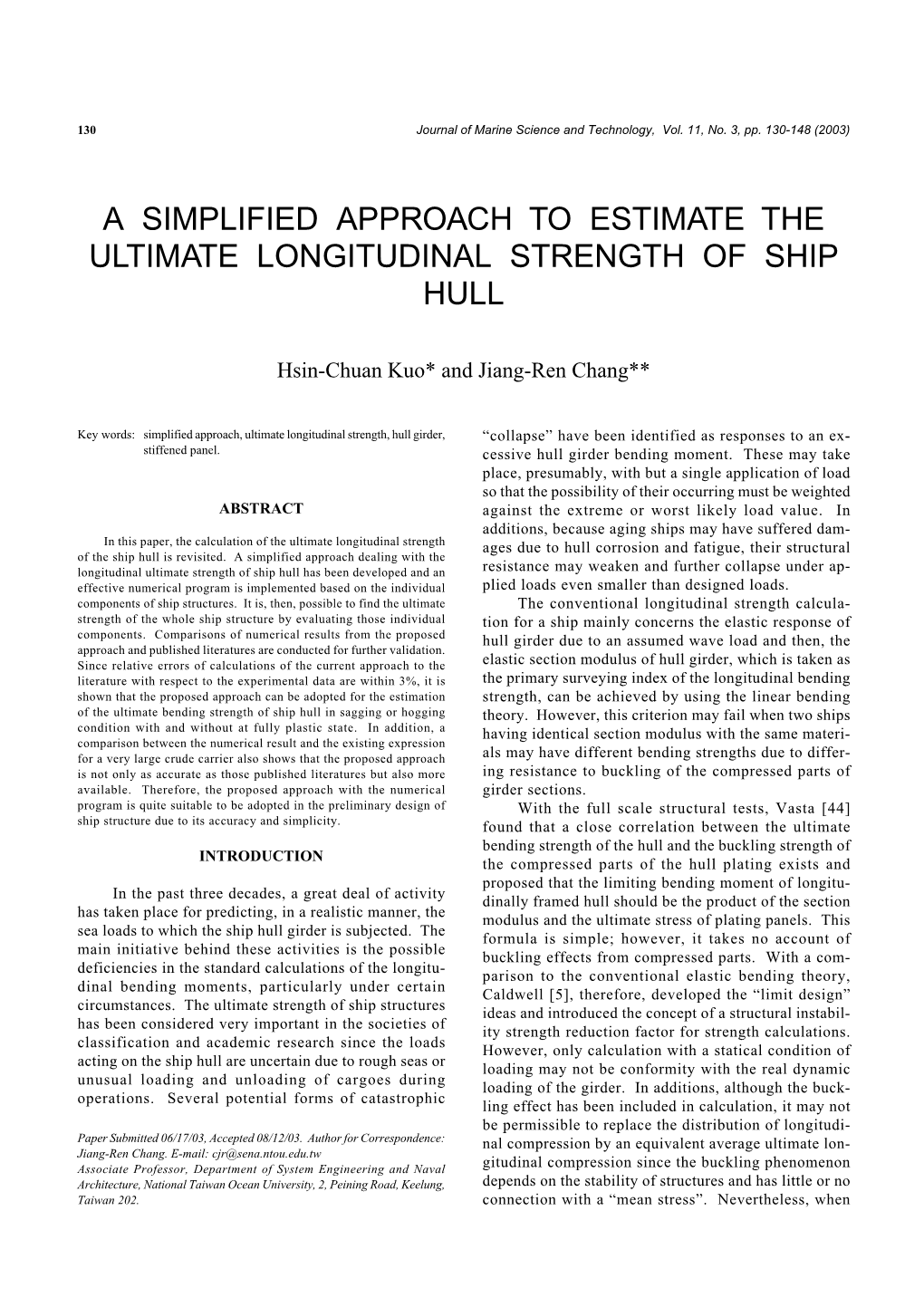 A Simplified Approach to Estimate the Ultimate Longitudinal Strength of Ship Hull