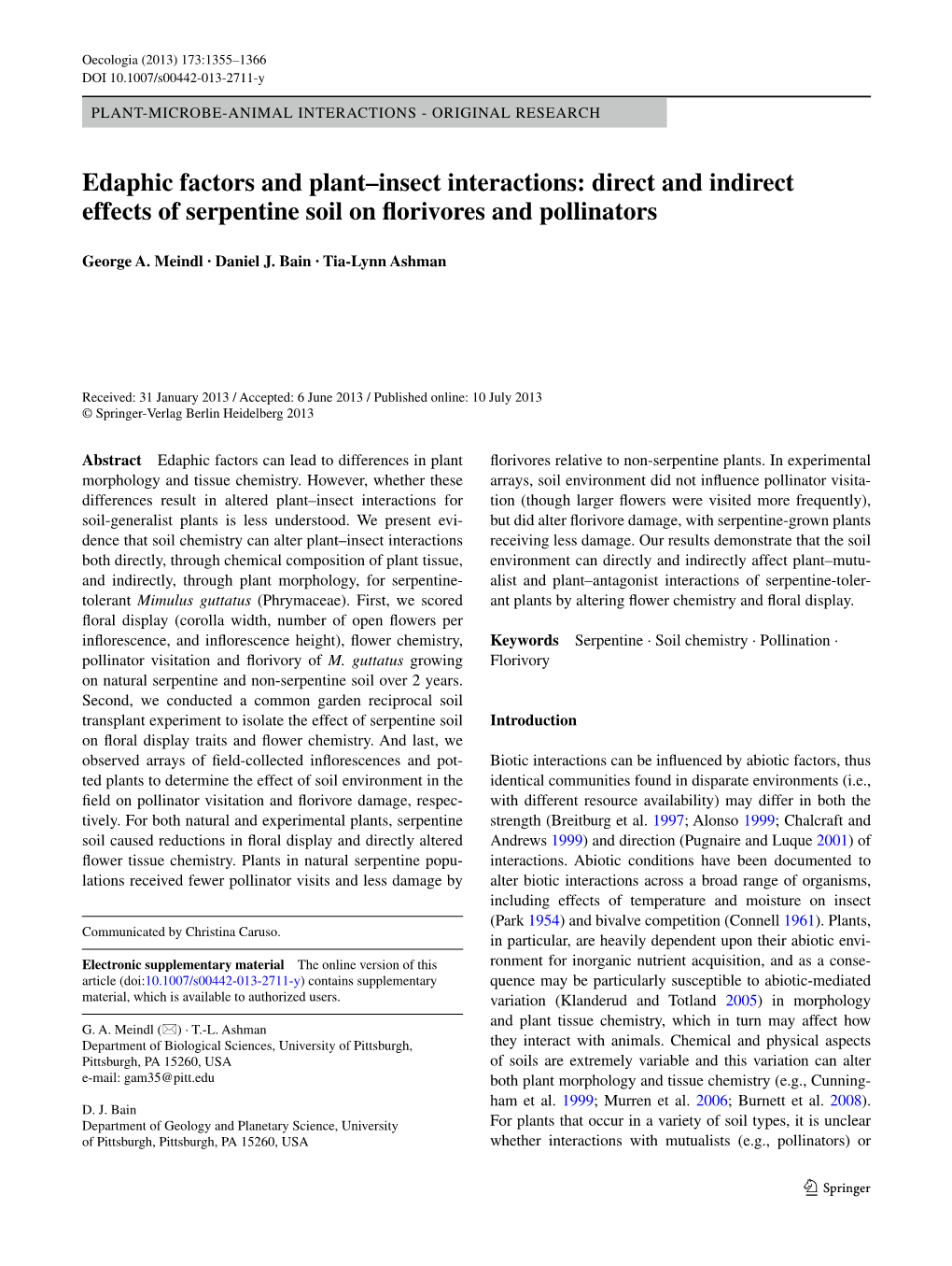 Direct and Indirect Effects of Serpentine Soil on Florivores and Pollinators