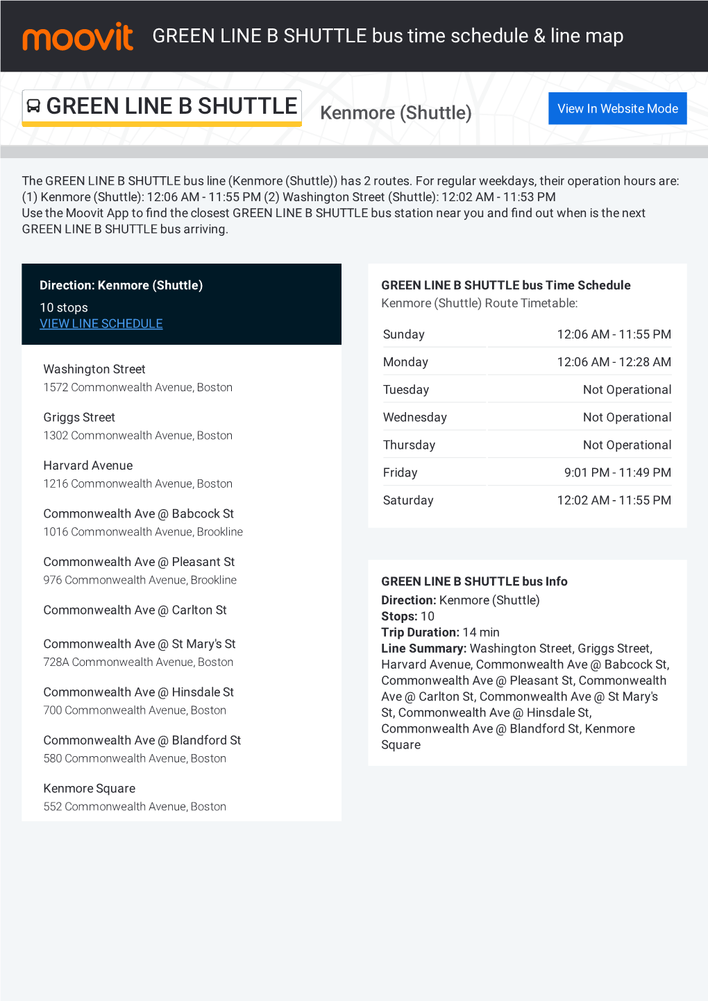 GREEN LINE B SHUTTLE Bus Time Schedule & Line Route