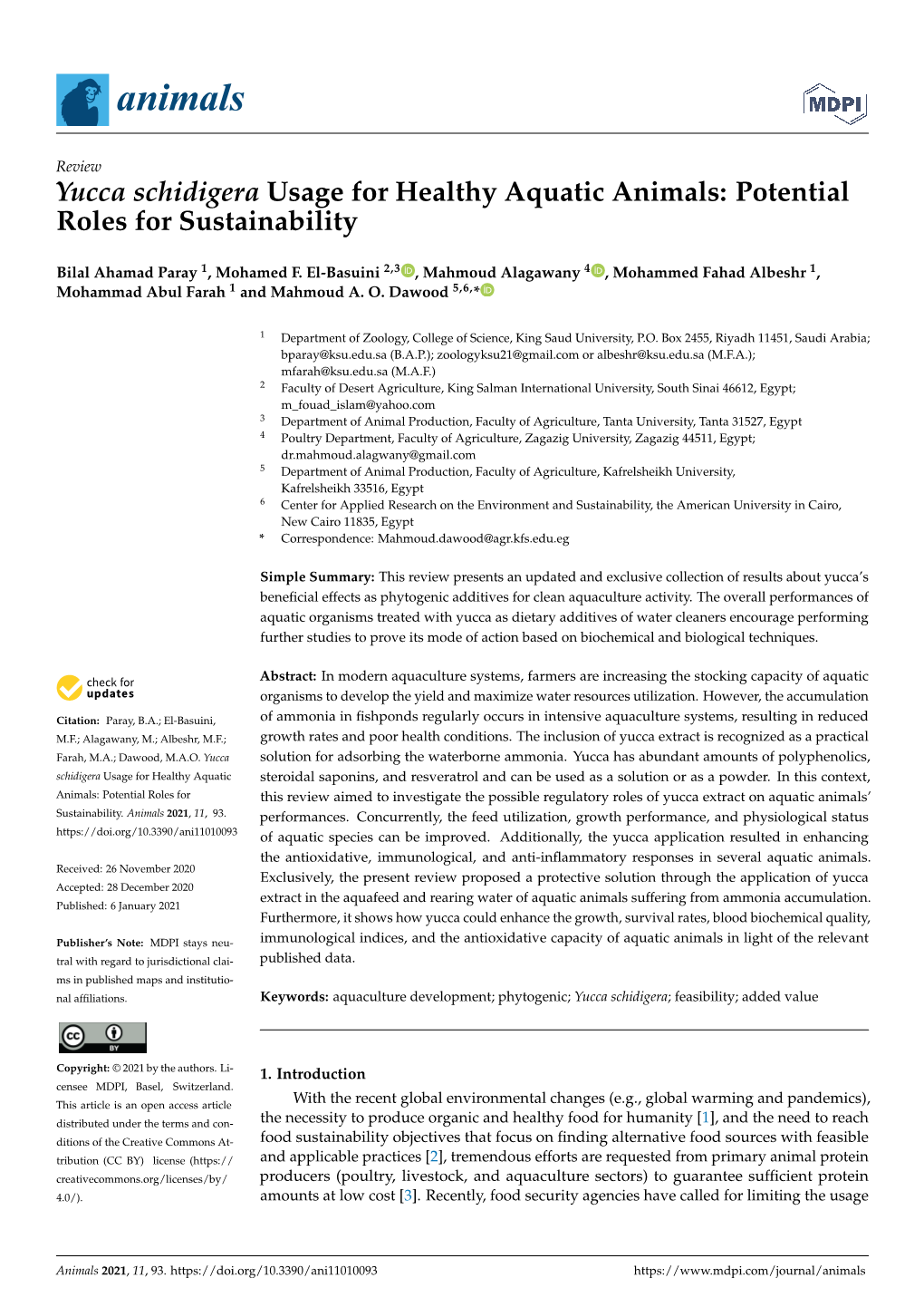 Yucca Schidigera Usage for Healthy Aquatic Animals: Potential Roles for Sustainability