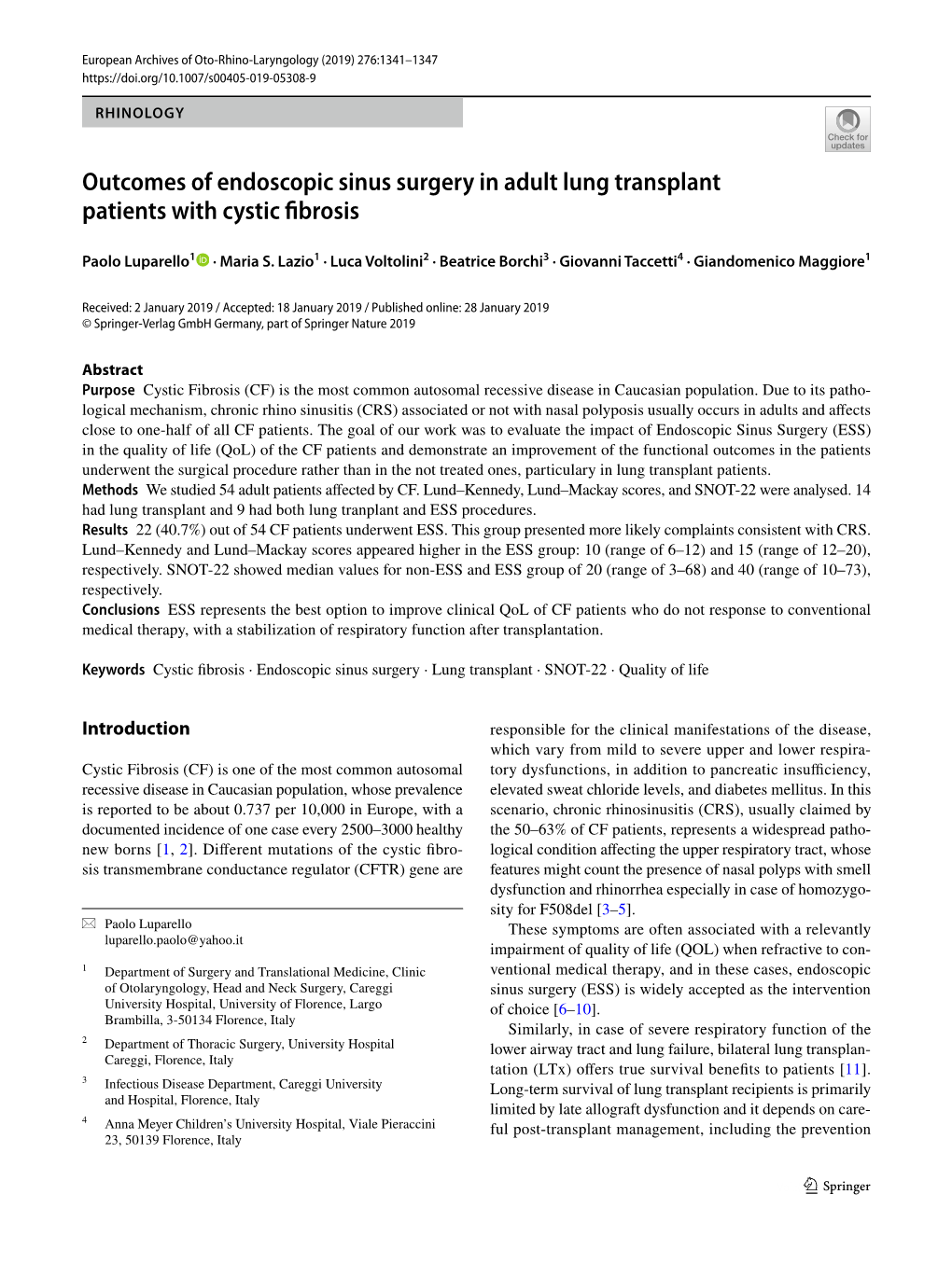 Outcomes of Endoscopic Sinus Surgery in Adult Lung Transplant Patients with Cystic Fibrosis