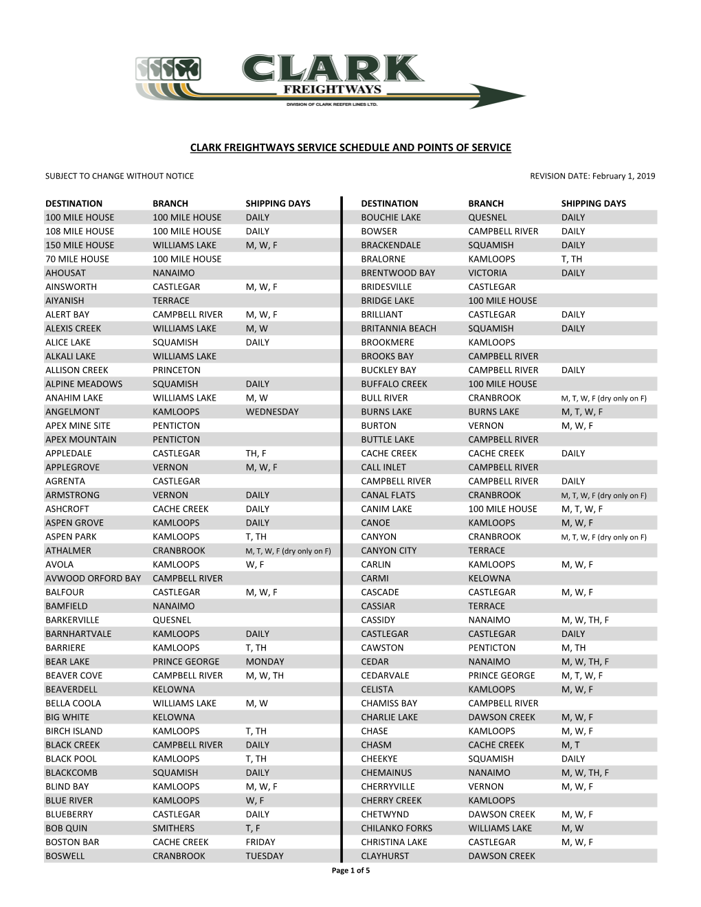 Clark Freightways Service Schedule and Points of Service