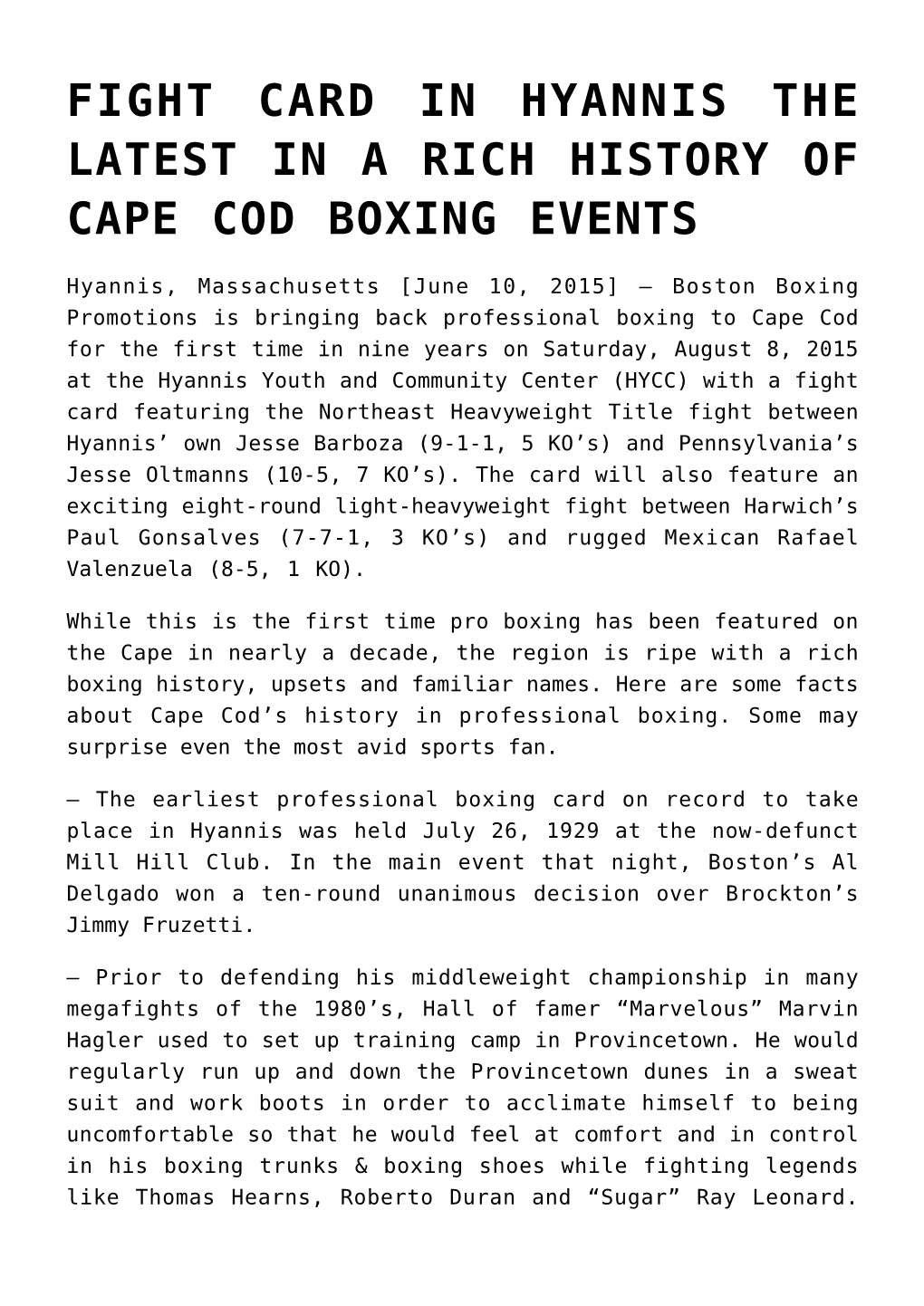 Fight Card in Hyannis the Latest in a Rich History of Cape Cod Boxing Events