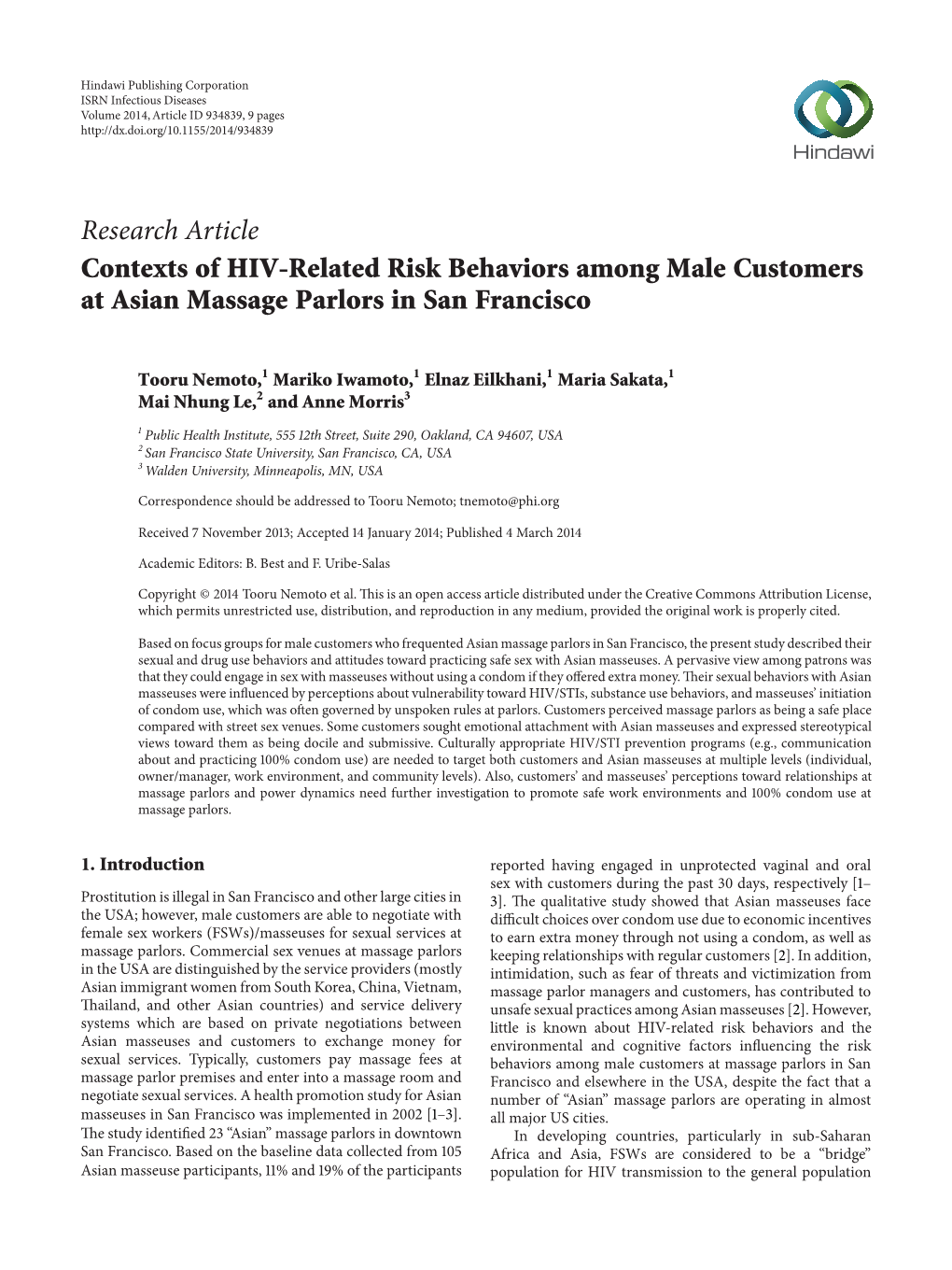 Research Article Contexts of HIV-Related Risk Behaviors Among Male Customers at Asian Massage Parlors in San Francisco