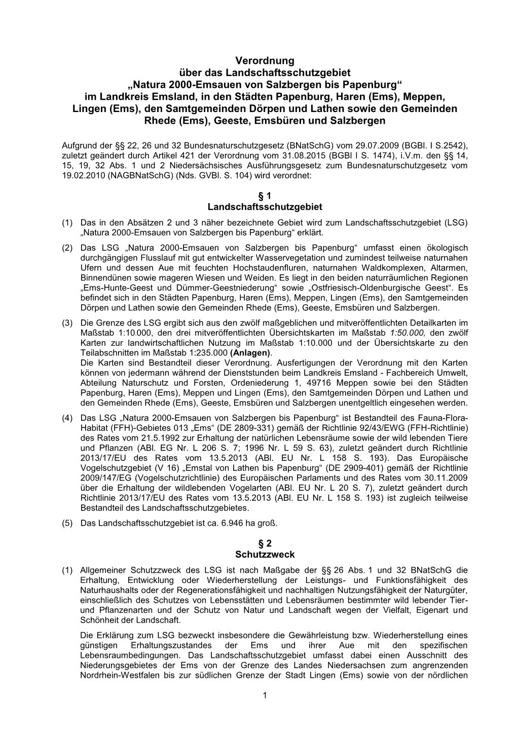 Verordnung Über Das Landschaftsschutzgebiet „Natura 2000-Emsauen Von Salzbergen Bis Papenburg“ Im Landkreis Emsland, in De