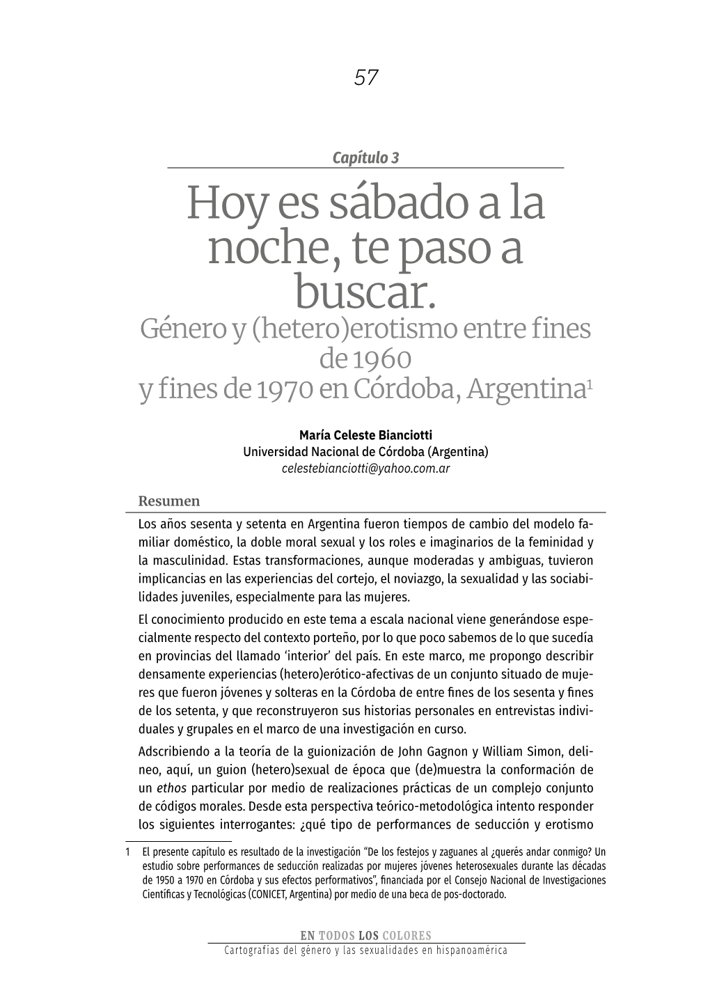 Hoy Es Sábado a La Noche, Te Paso a Buscar. Género Y (Hetero)Erotismo Entre Fines De 1960 Y Fines De 1970 En Córdoba, Argentina1