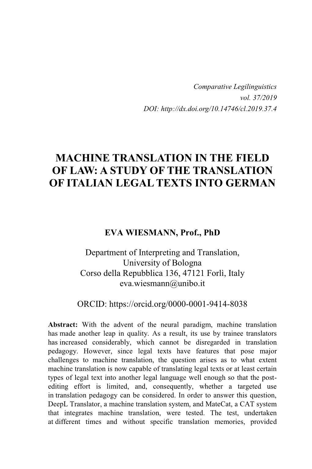 Machine Translation in the Field of Law: a Study of the Translation of Italian Legal Texts Into German