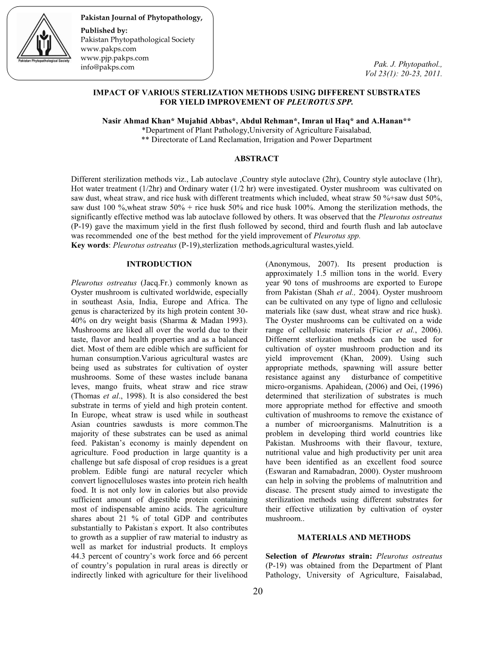 Impact of Various Sterlization Methods Using Different Substrates for Yield Improvement of Pleurotus Spp