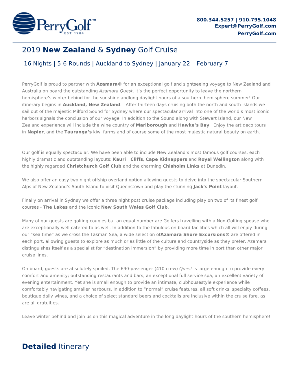 2019 New Zealand & Sydney Golf Cruise Detailed Itinerary