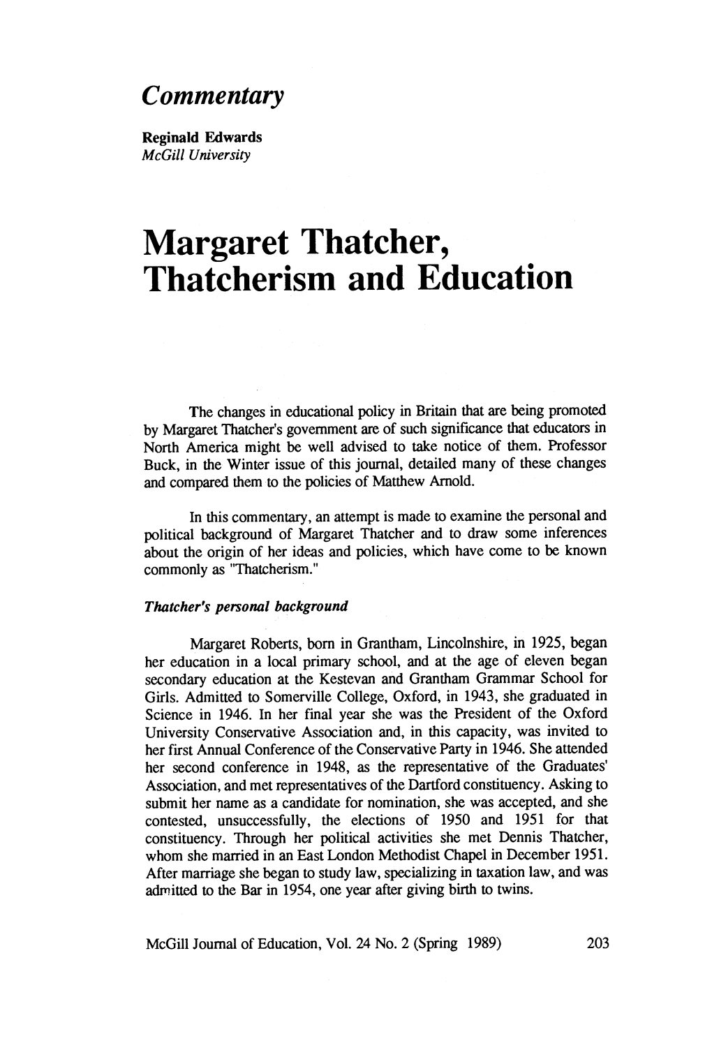 Margaret Thatcher, Thatcherism and Education