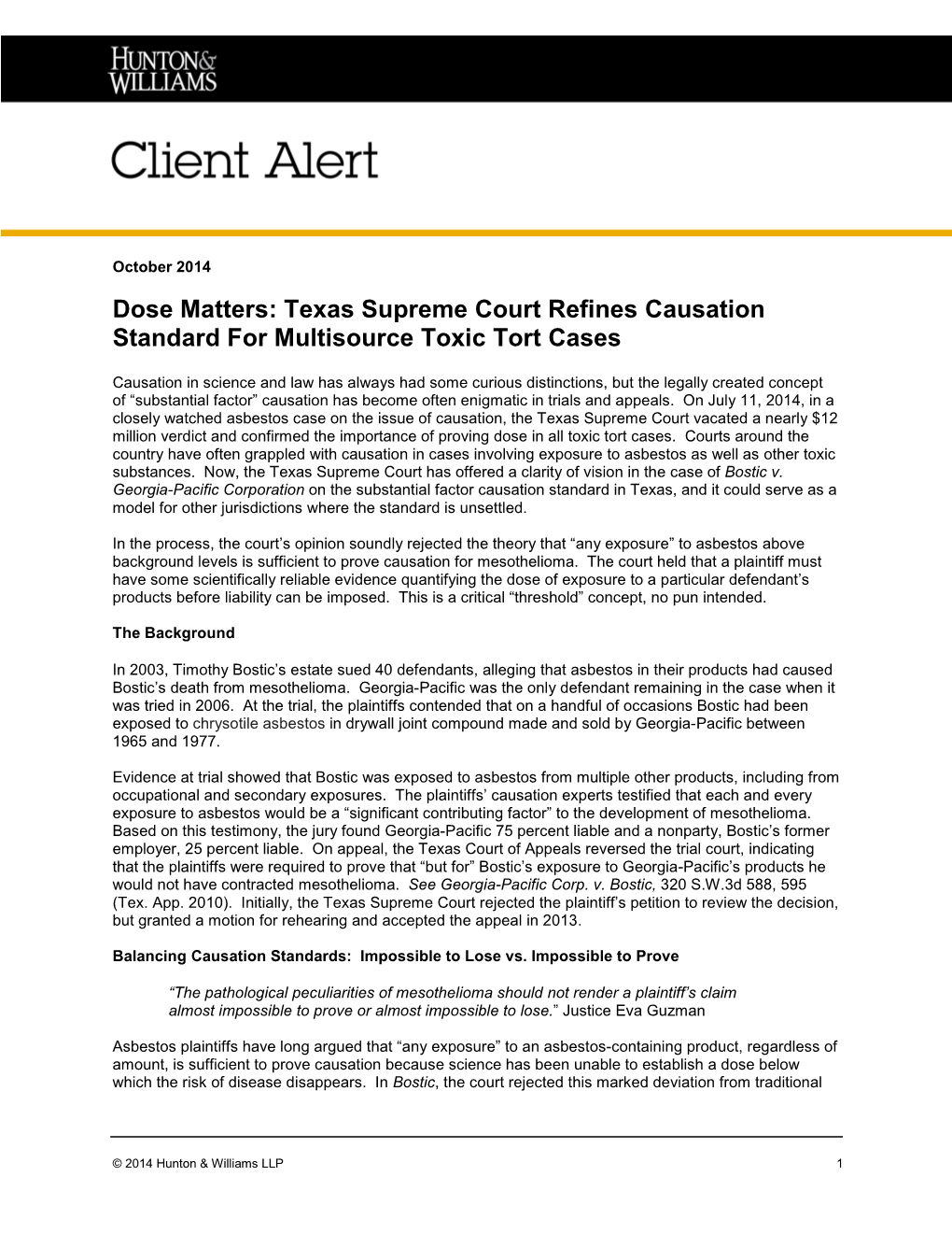 Dose Matters: Texas Supreme Court Refines Causation Standard for Multisource Toxic Tort Cases