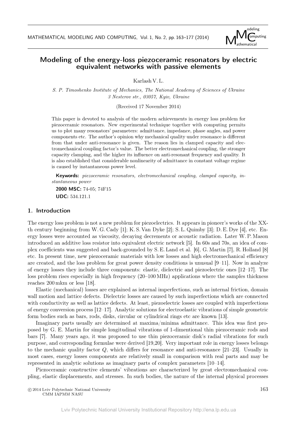 Modeling of the Energy-Loss Piezoceramic Resonators by Electric Equivalent Networks with Passive Elements