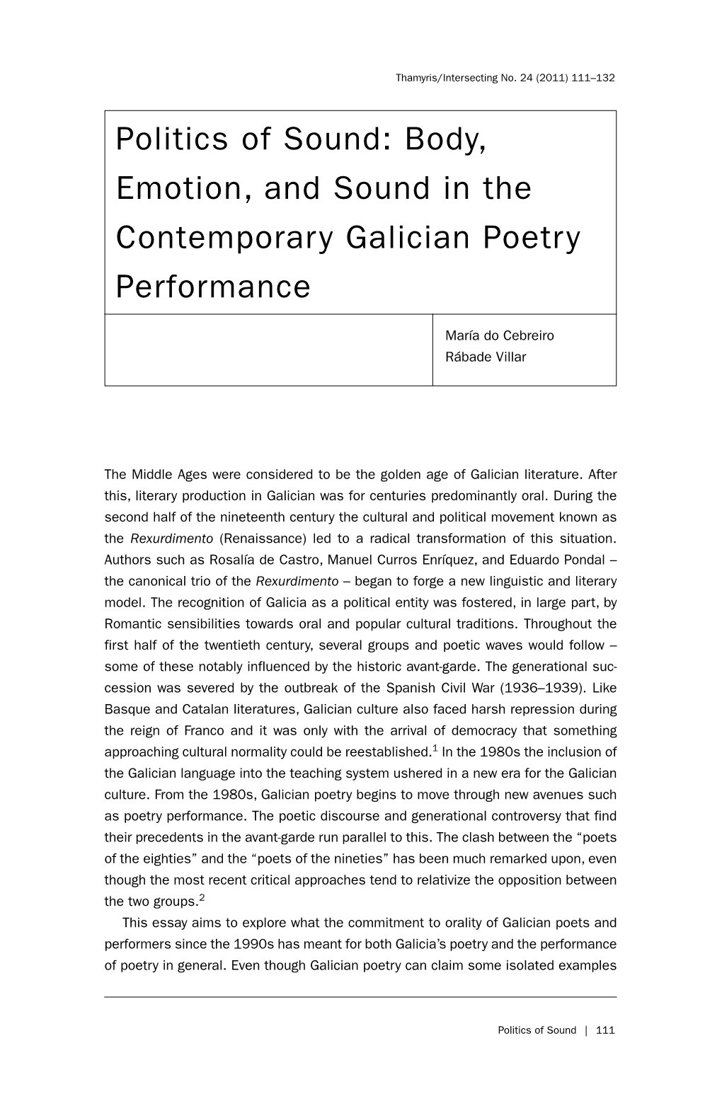 Body, Emotion, and Sound in the Contemporary Galician Poetry Performance