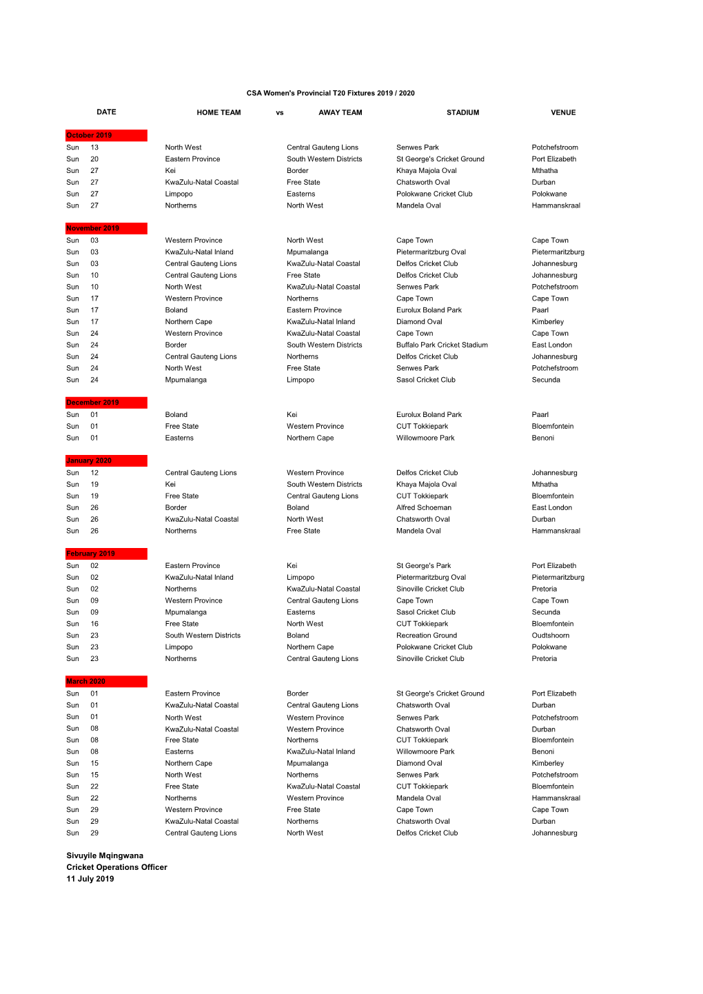 Women's T-20 Fixtures 2019 2020