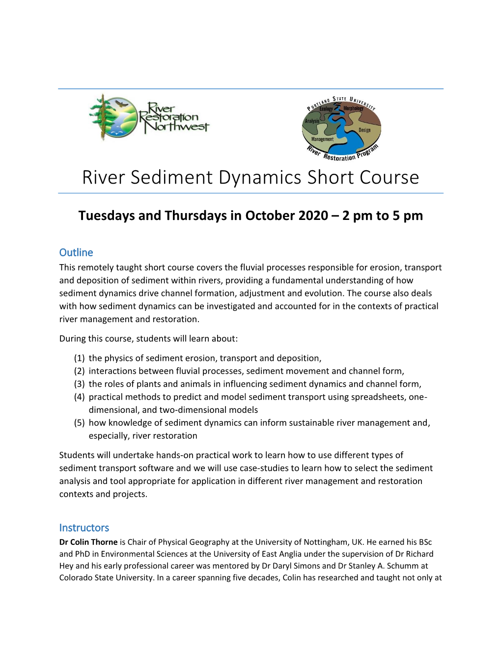 River Sediment Dynamics Short Course