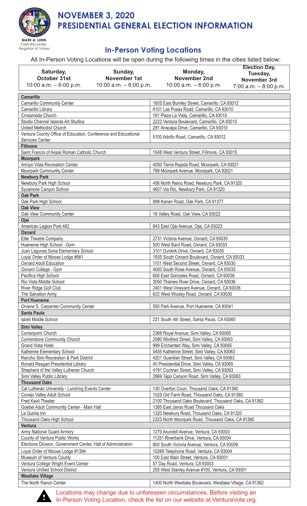 November 3, 2020 Presidential General Election Information