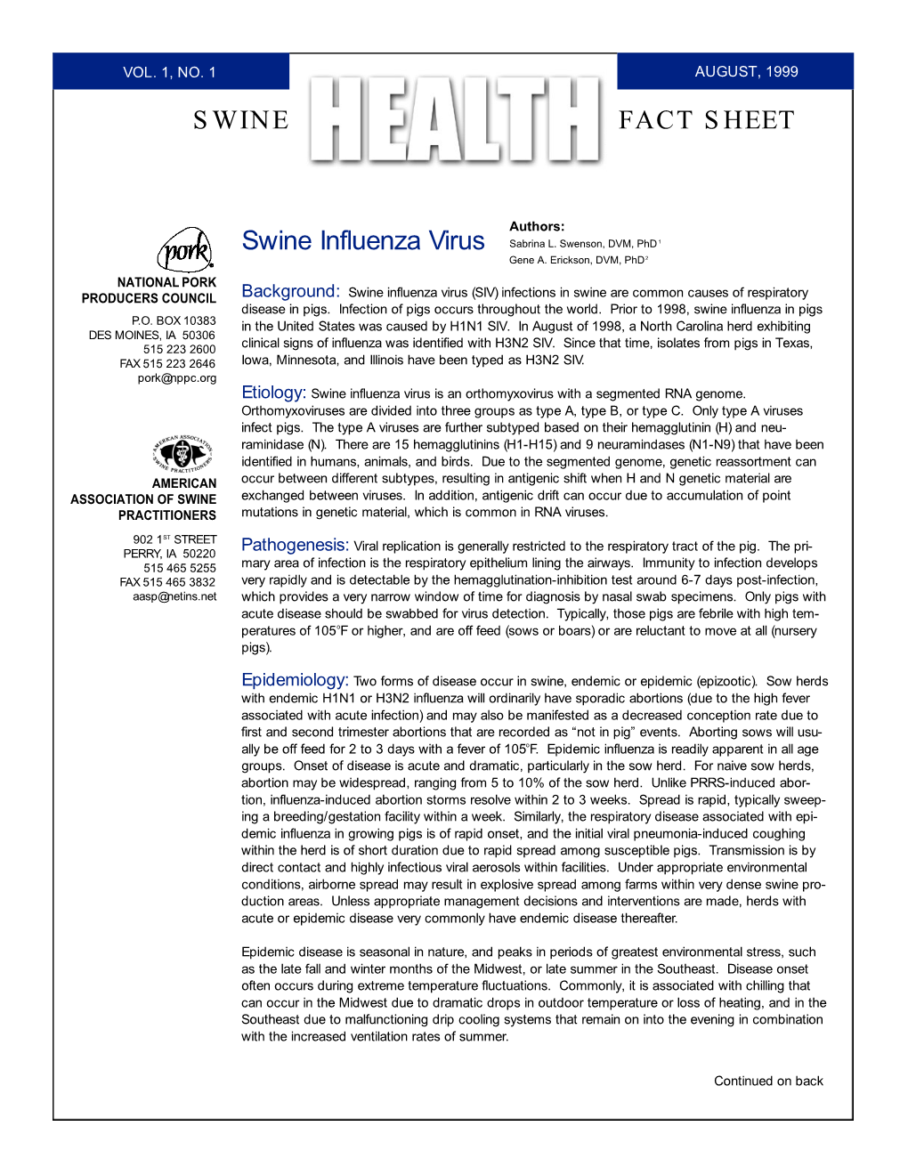 SWINE FACT SHEET Swine Influenza Virus