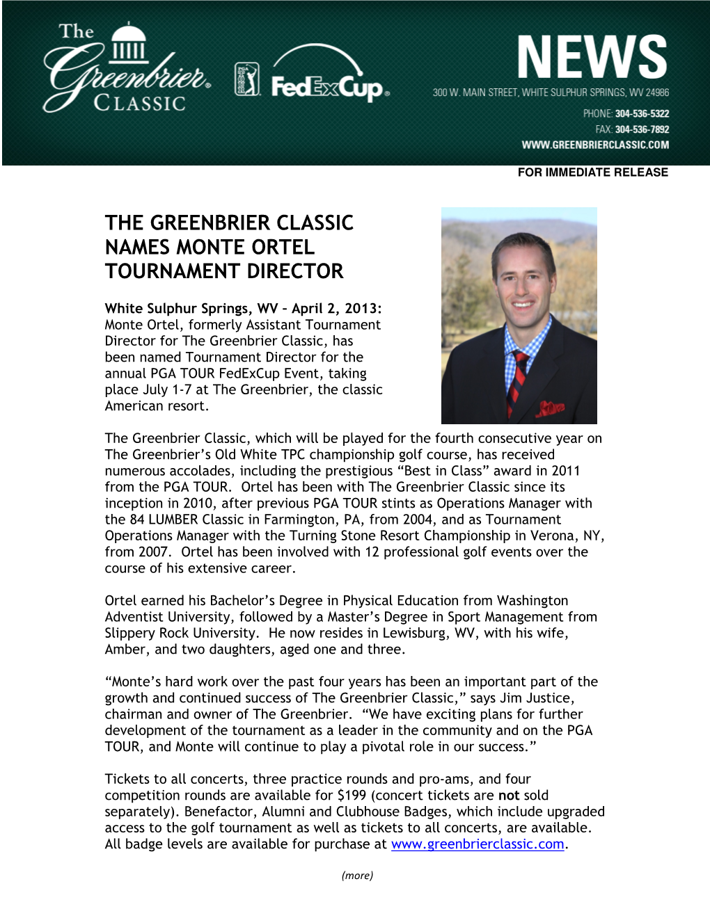 The Greenbrier Classic Names Monte Ortel Tournament Director