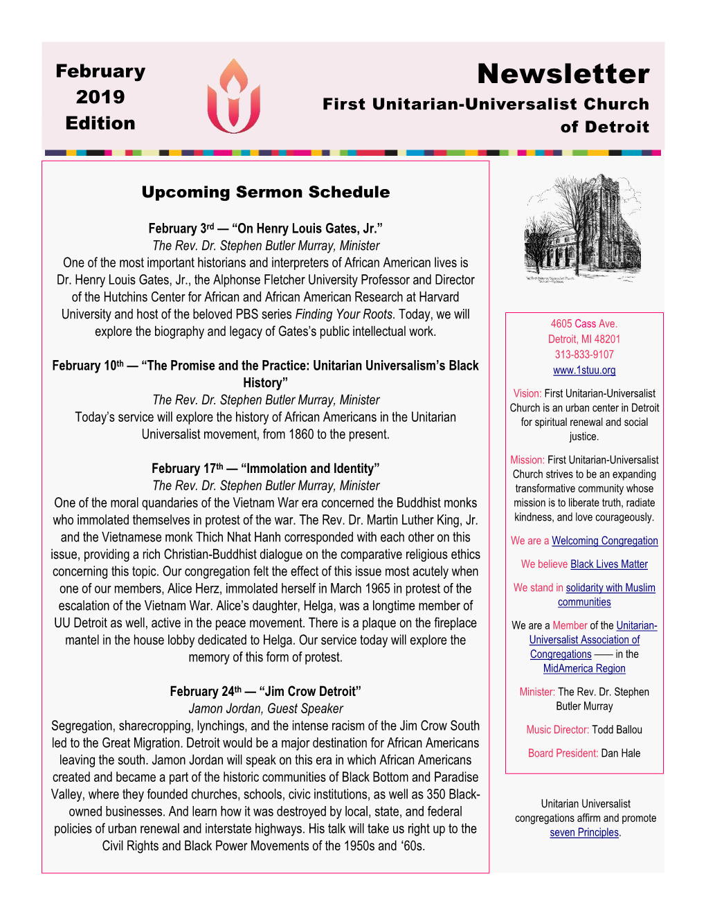 Newsletter 2019 First Unitarian-Universalist Church Edition of Detroit