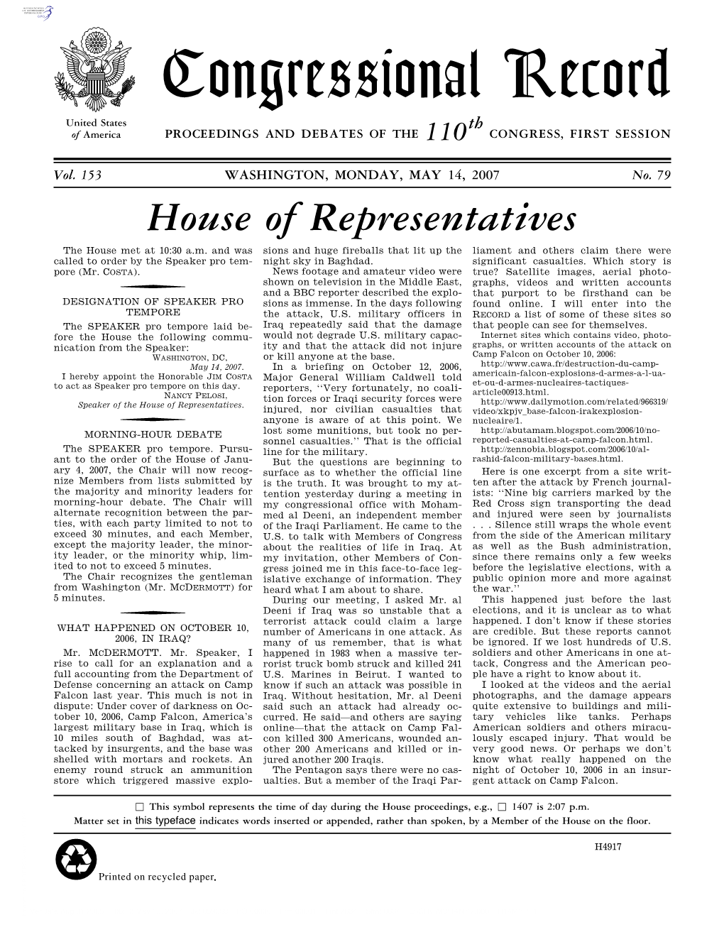 Congressional Record United States Th of America PROCEEDINGS and DEBATES of the 110 CONGRESS, FIRST SESSION