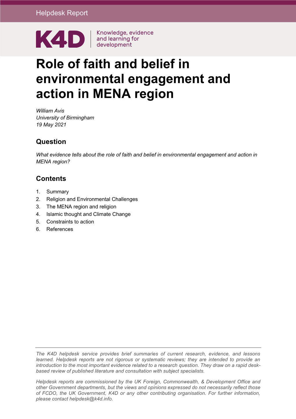 Role of Faith and Belief in Environmental Engagement and Action in MENA Region