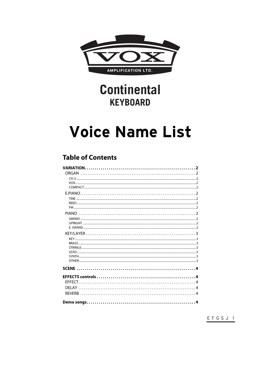 Vox Continental Voice Name List