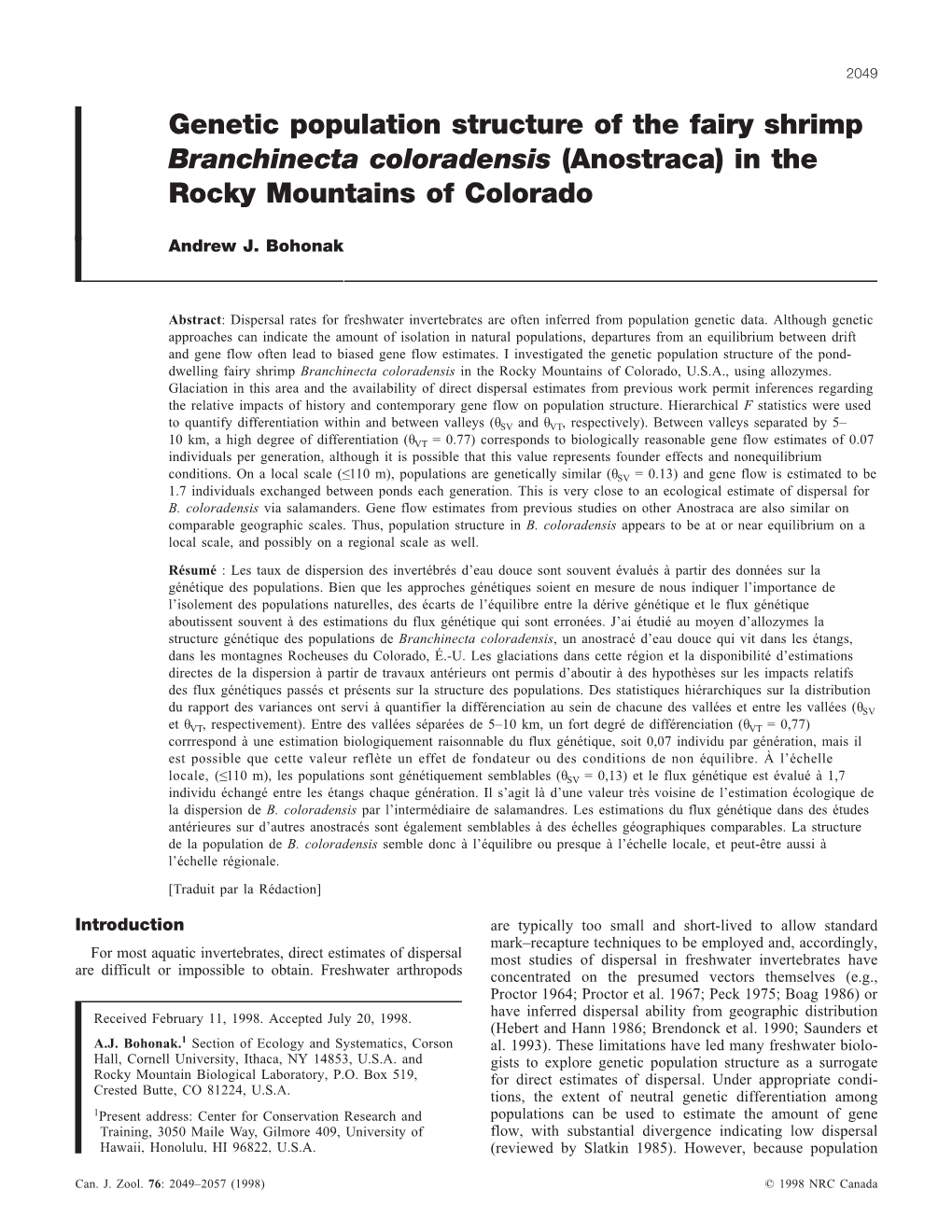 Genetic Population Structure of the Fairy Shrimp Branchinecta Coloradensis (Anostraca) in the Rocky Mountains of Colorado