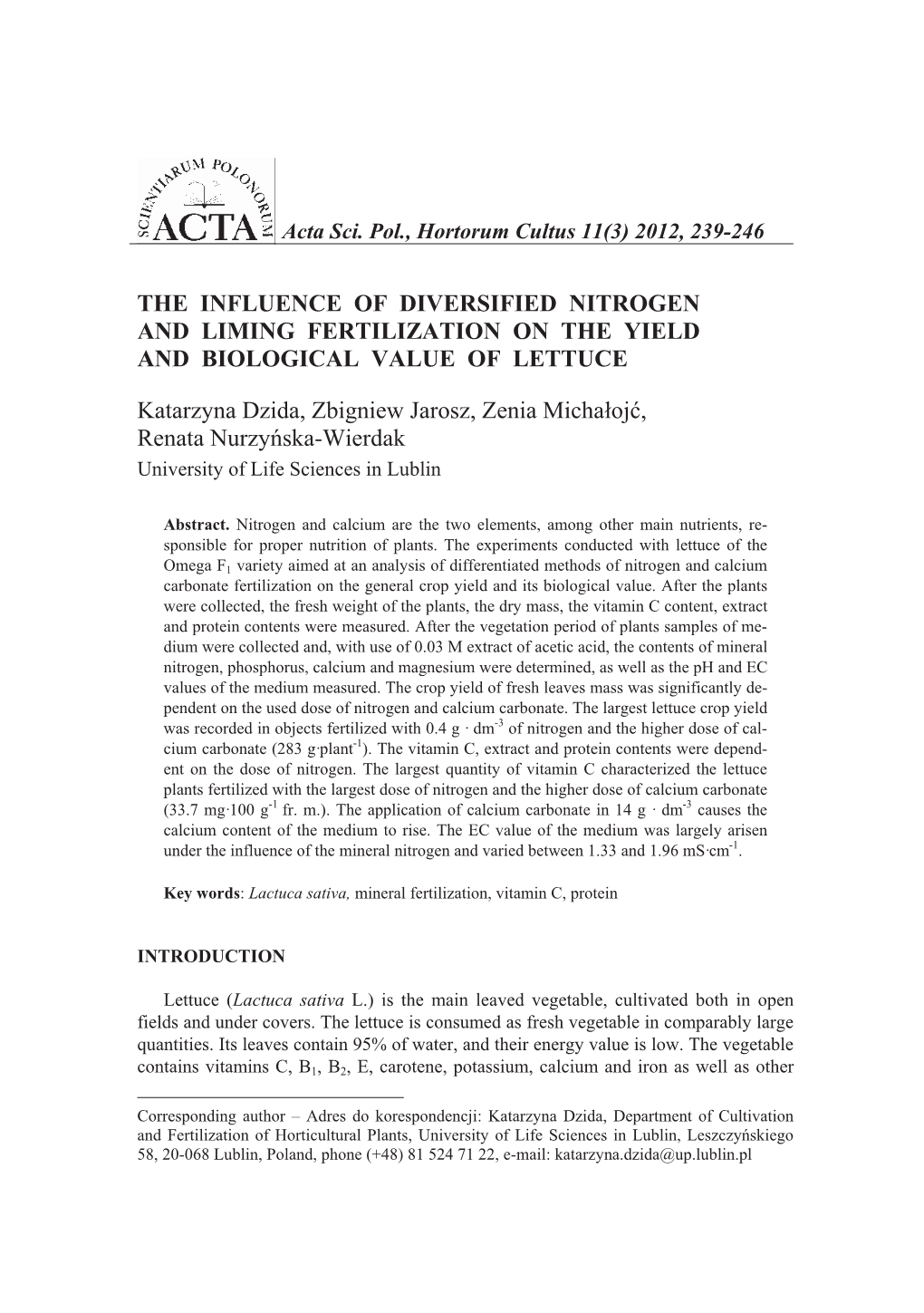 The Influence of Diversified Nitrogen and Liming Fertilization on the Yield and Biological Value of Lettuce