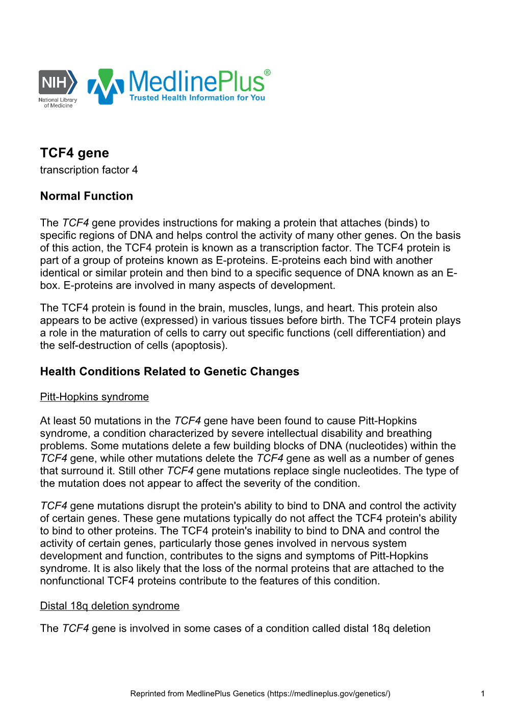 TCF4 Gene Transcription Factor 4