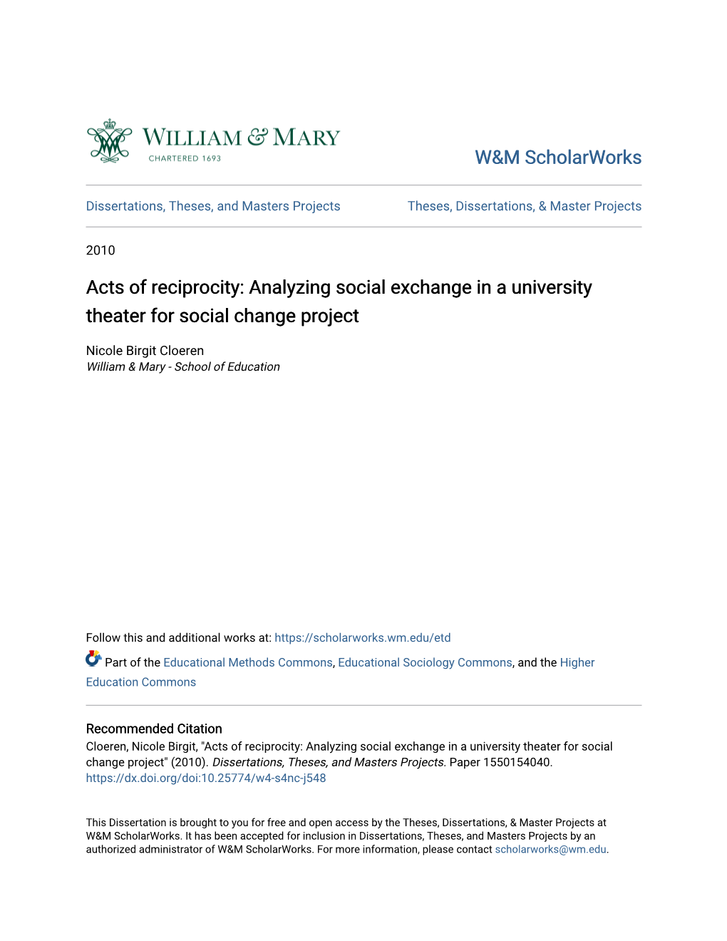 Acts of Reciprocity: Analyzing Social Exchange in a University Theater for Social Change Project