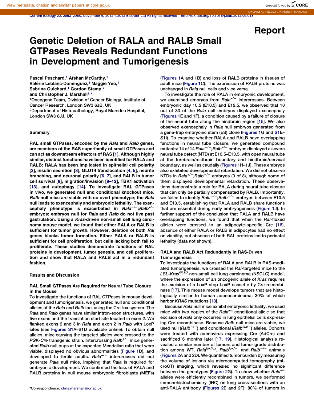 Genetic Deletion of RALA and RALB Small Gtpases Reveals Redundant Functions in Development and Tumorigenesis