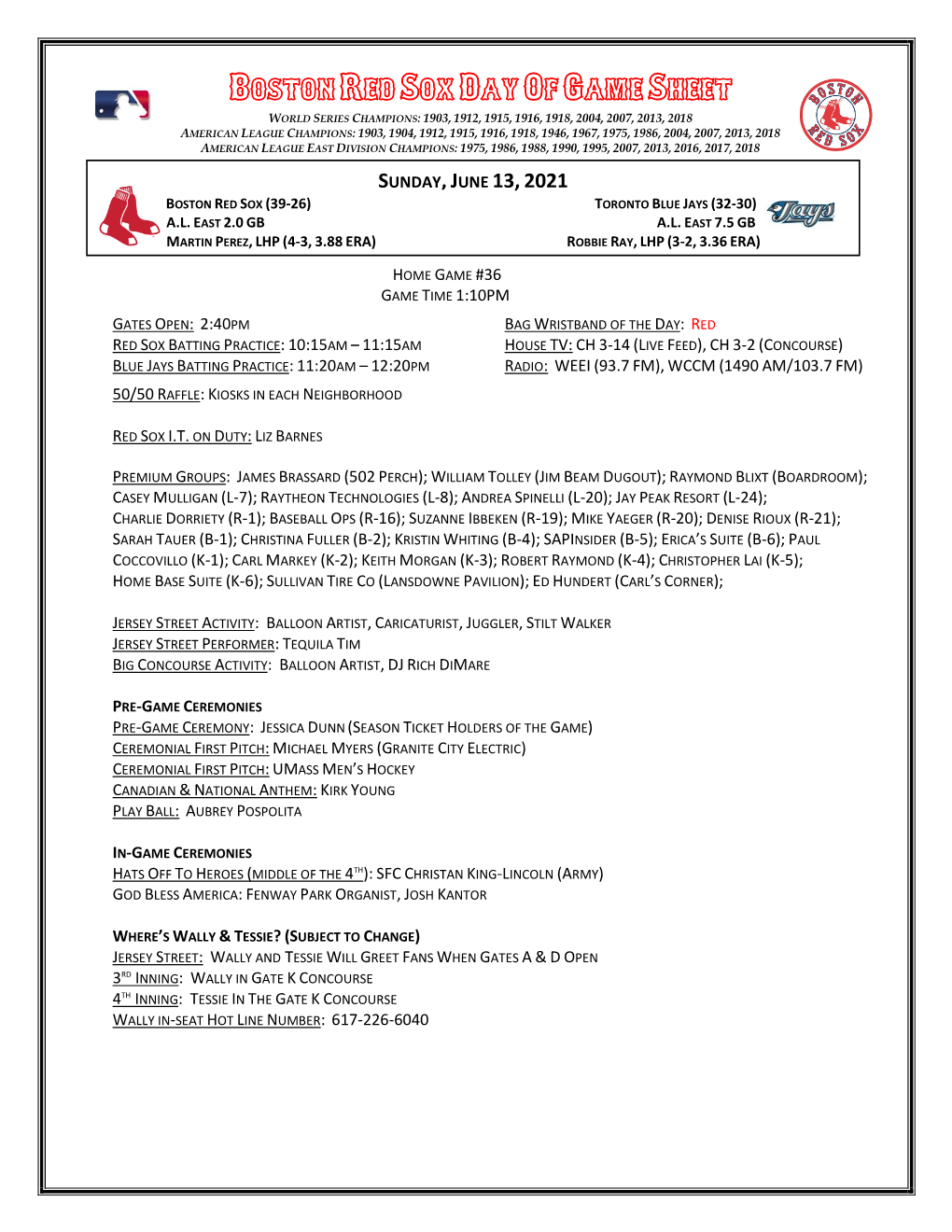 Boston Red Sox Day of Game Sheet Sunday,June 13,2021