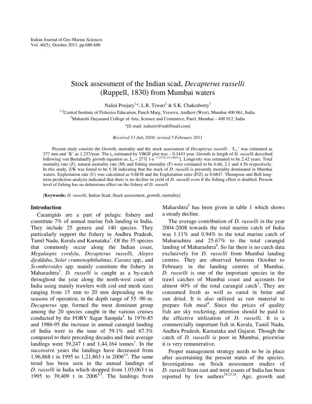 Stock Assessment of the Indian Scad, Decapterus Russelli (Ruppell, 1830) from Mumbai Waters