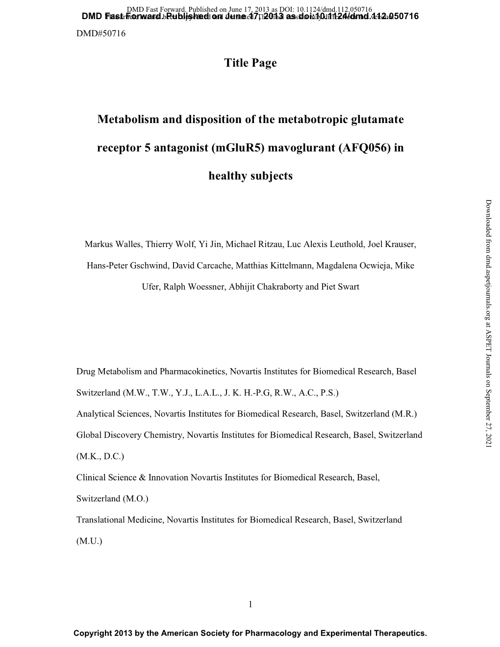 Title Page Metabolism and Disposition of the Metabotropic Glutamate