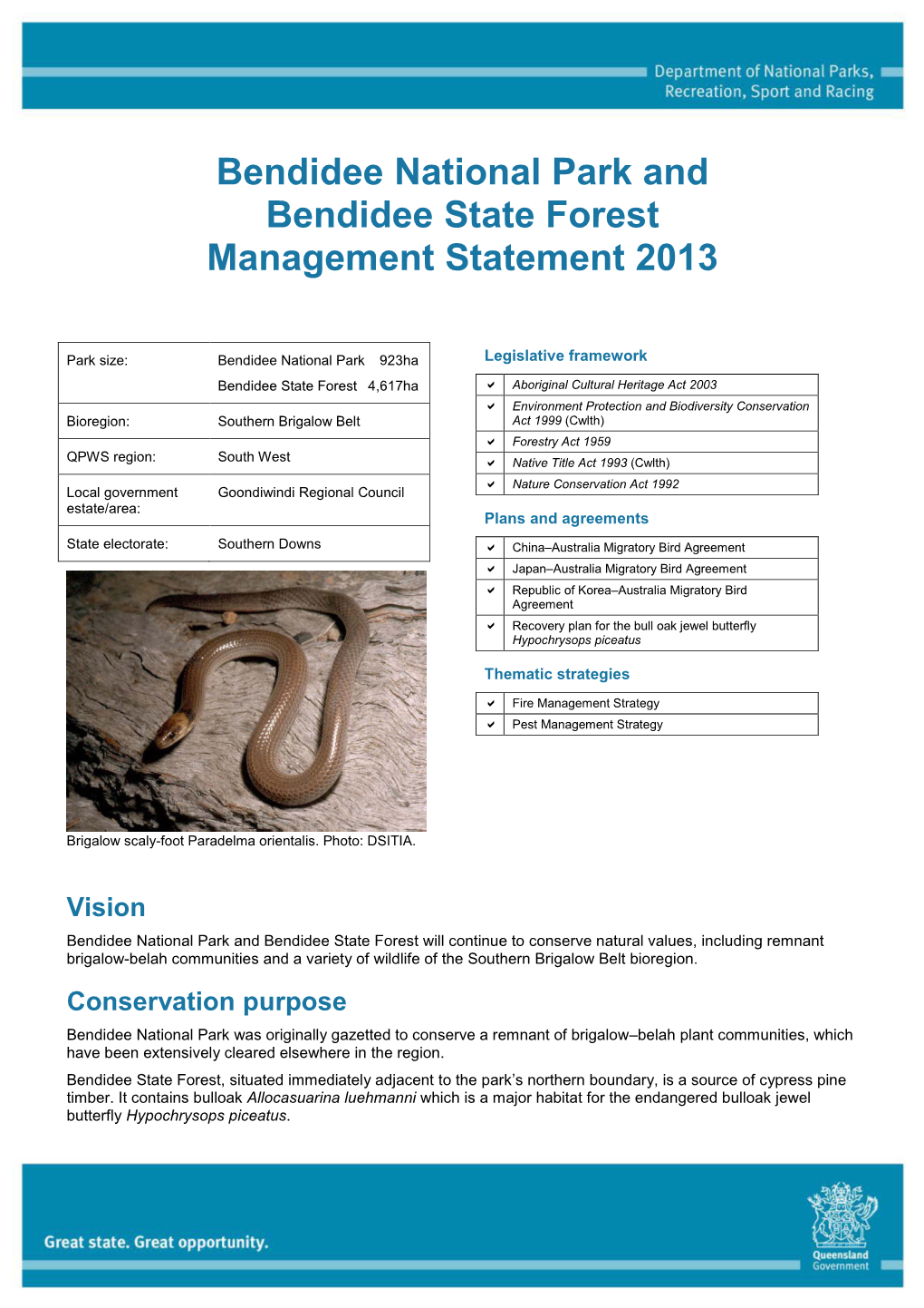 Bendidee National Park and Bendidee State Forest Management Statement 2013