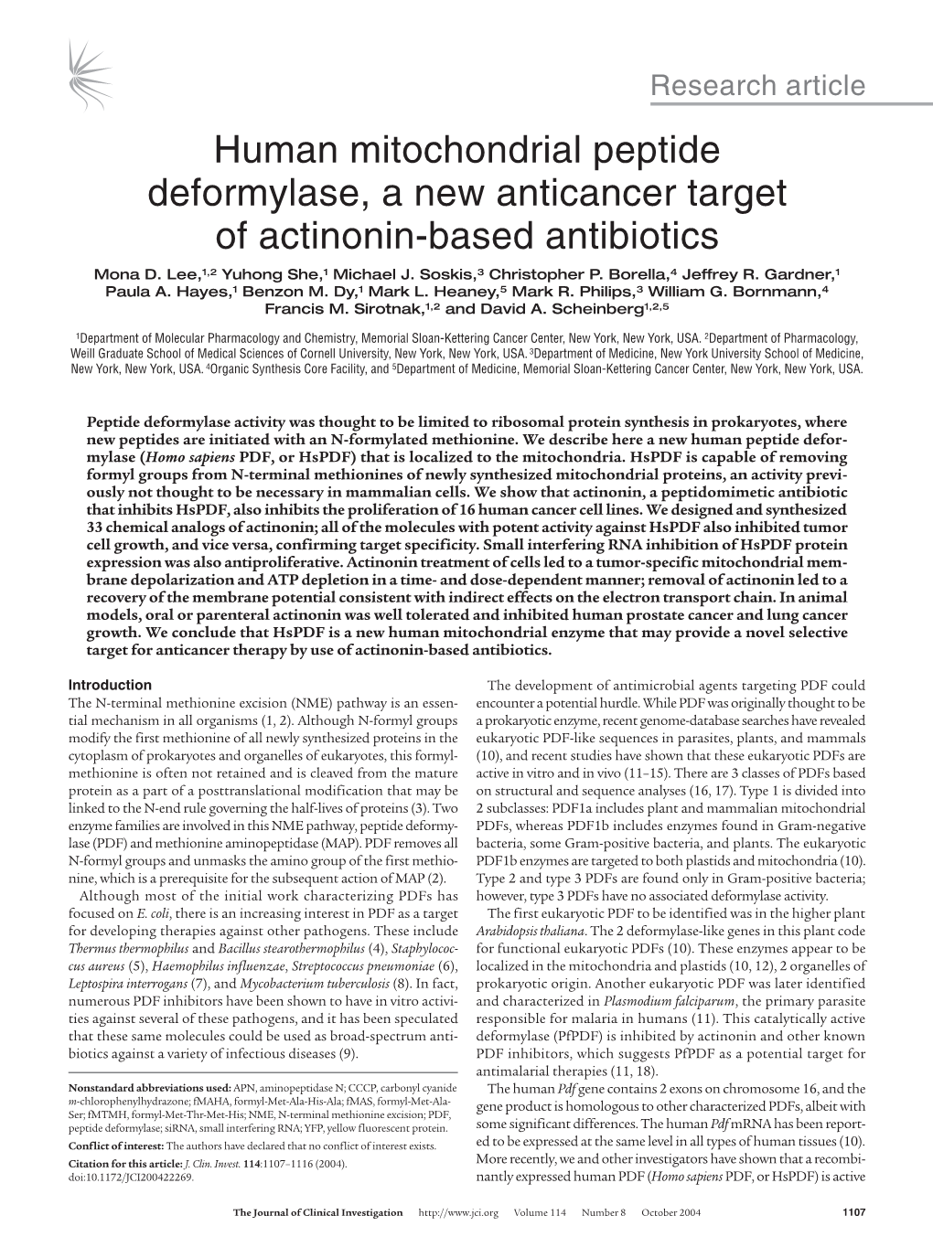 Human Mitochondrial Peptide Deformylase, a New Anticancer Target of Actinonin-Based Antibiotics Mona D