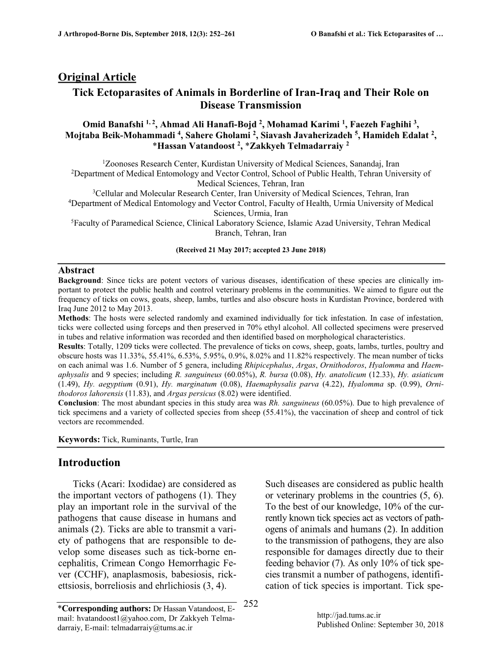 Tick Ectoparasites of Animals in Borderline of Iran-Iraq and Their Role on Disease Transmission