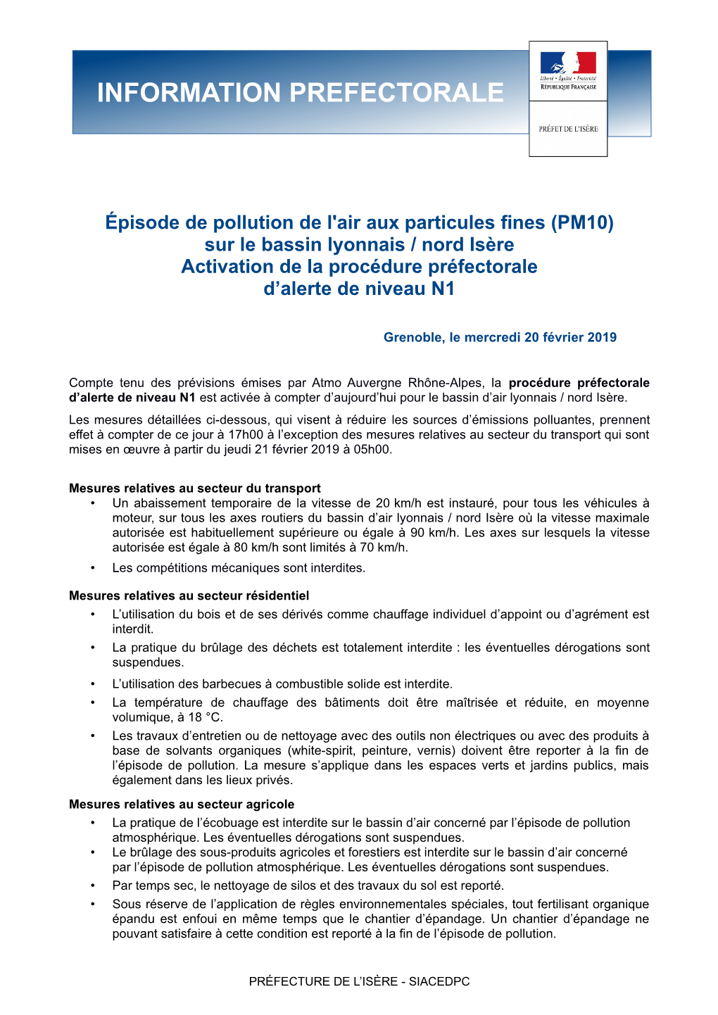 Épisode De Pollution De L'air Aux Particules Fines (PM10) Sur Le Bassin Lyonnais / Nord Isère Activation De La Procédure Préfectorale D’Alerte De Niveau N1