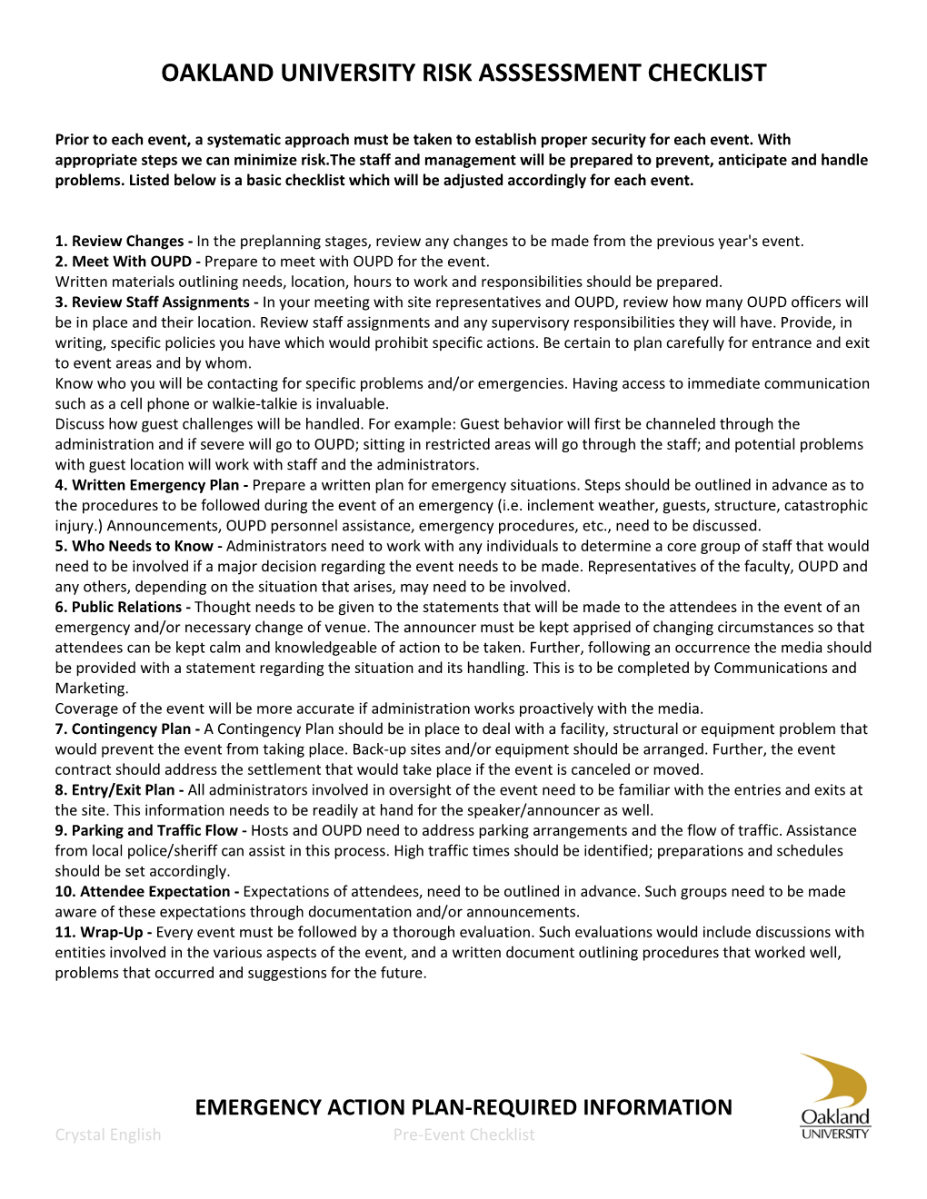 Risk Assessment Checklist