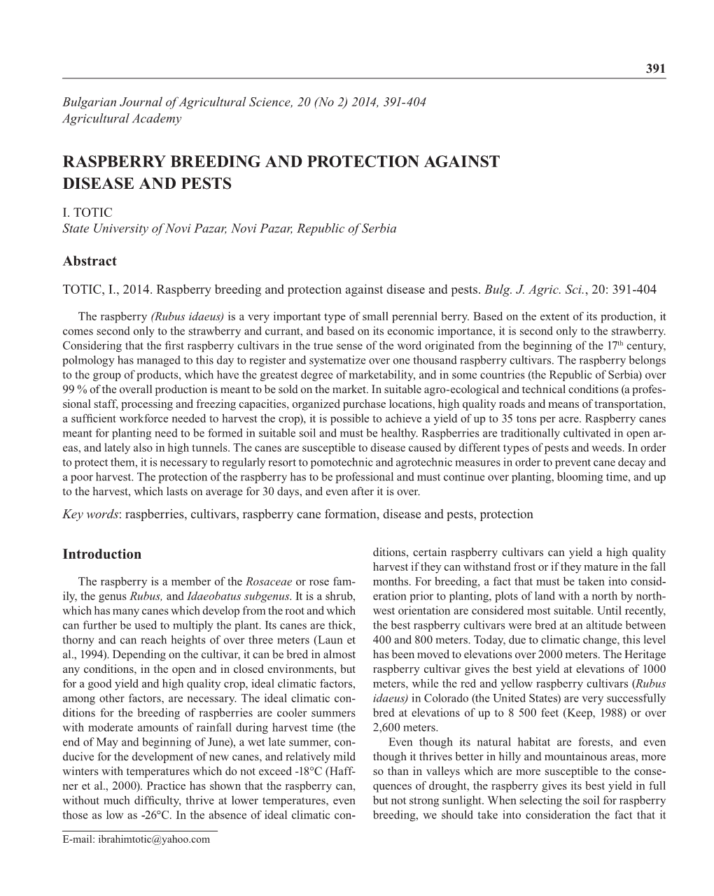 Raspberry Breeding and Protection Against Disease and Pests I