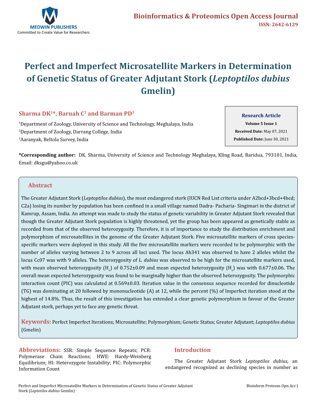Perfect and Imperfect Microsatellite Markers in Determination of Genetic Status of Greater Adjutant Stork (Leptoptilos Dubius Gmelin)