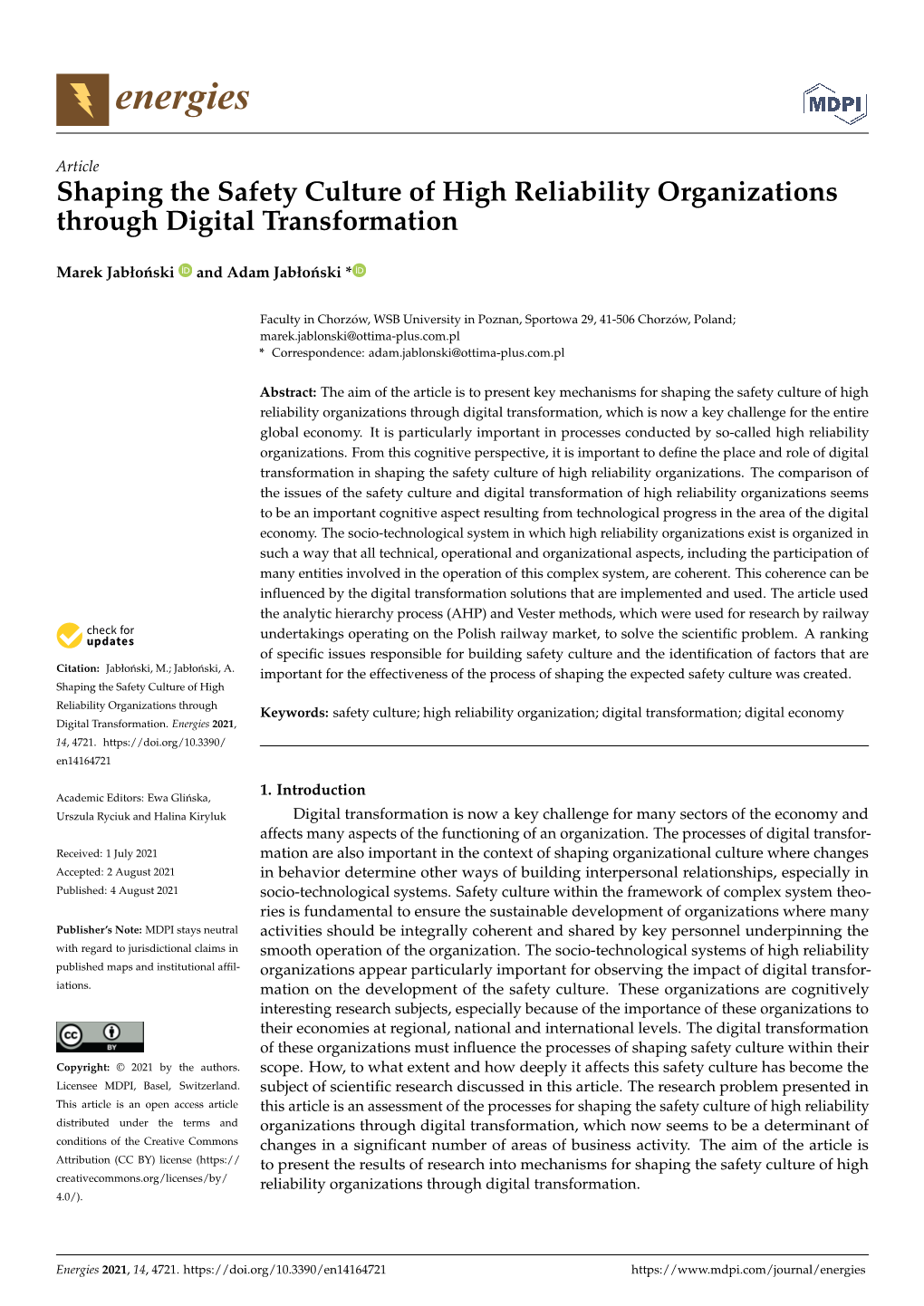 Shaping the Safety Culture of High Reliability Organizations Through Digital Transformation
