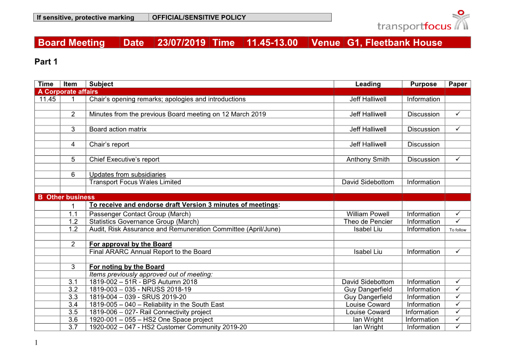 Board Meeting Date 23/07/2019 Time 11.45-13.00 Venue G1, Fleetbank House
